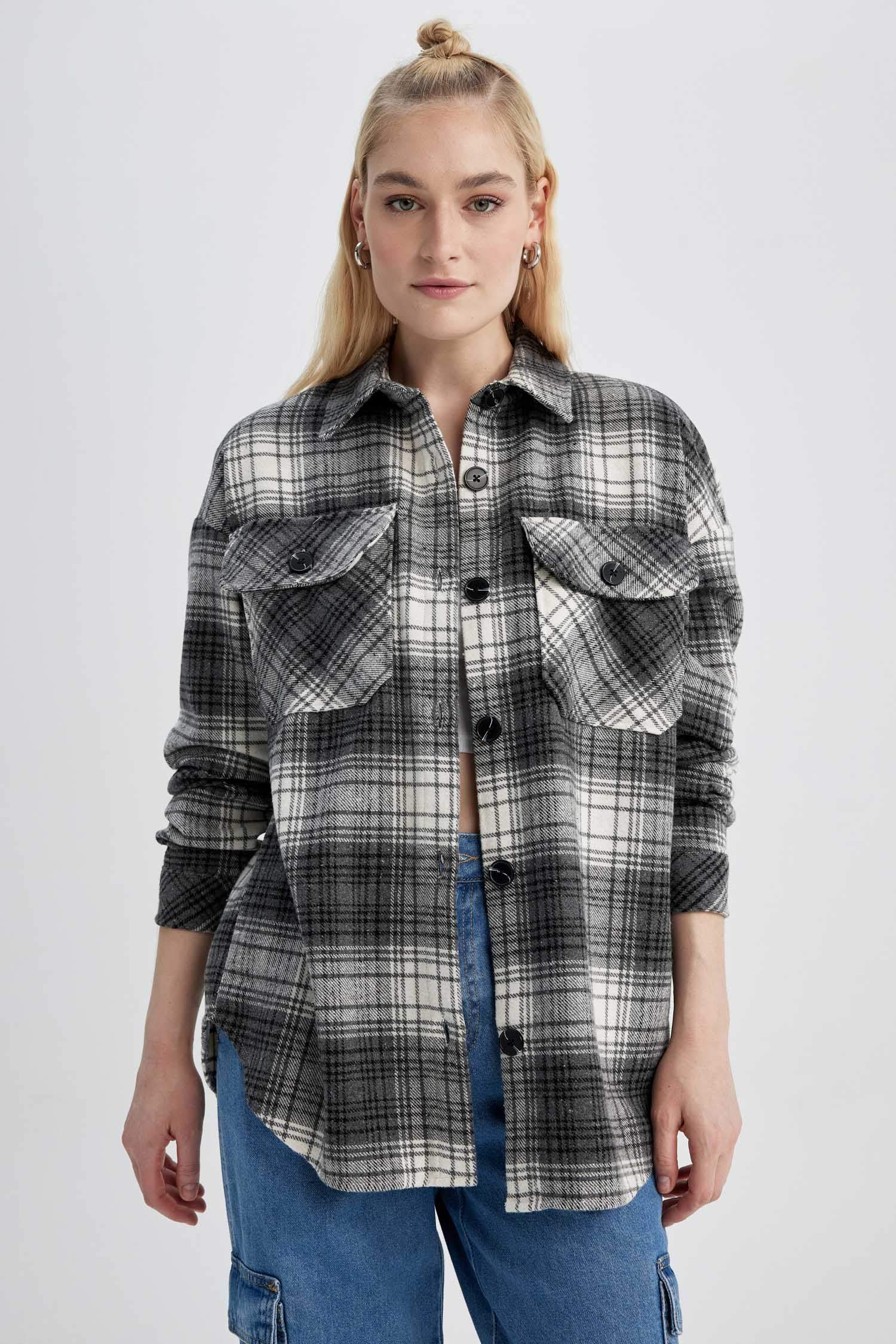 تونيك كاروهات كم طويل بياقة قميص