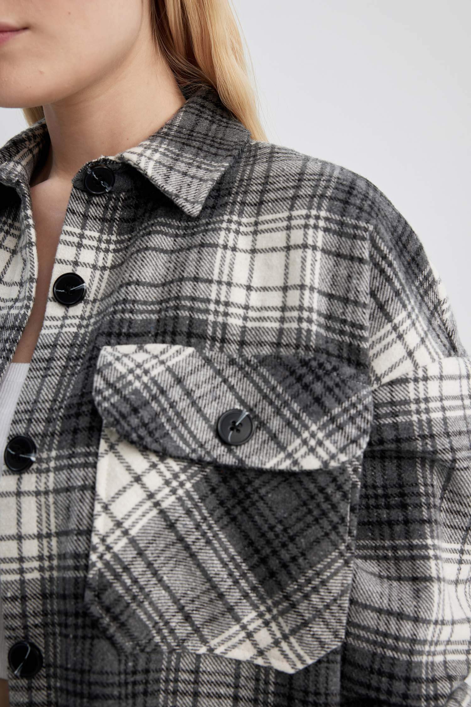 تونيك كاروهات كم طويل بياقة قميص