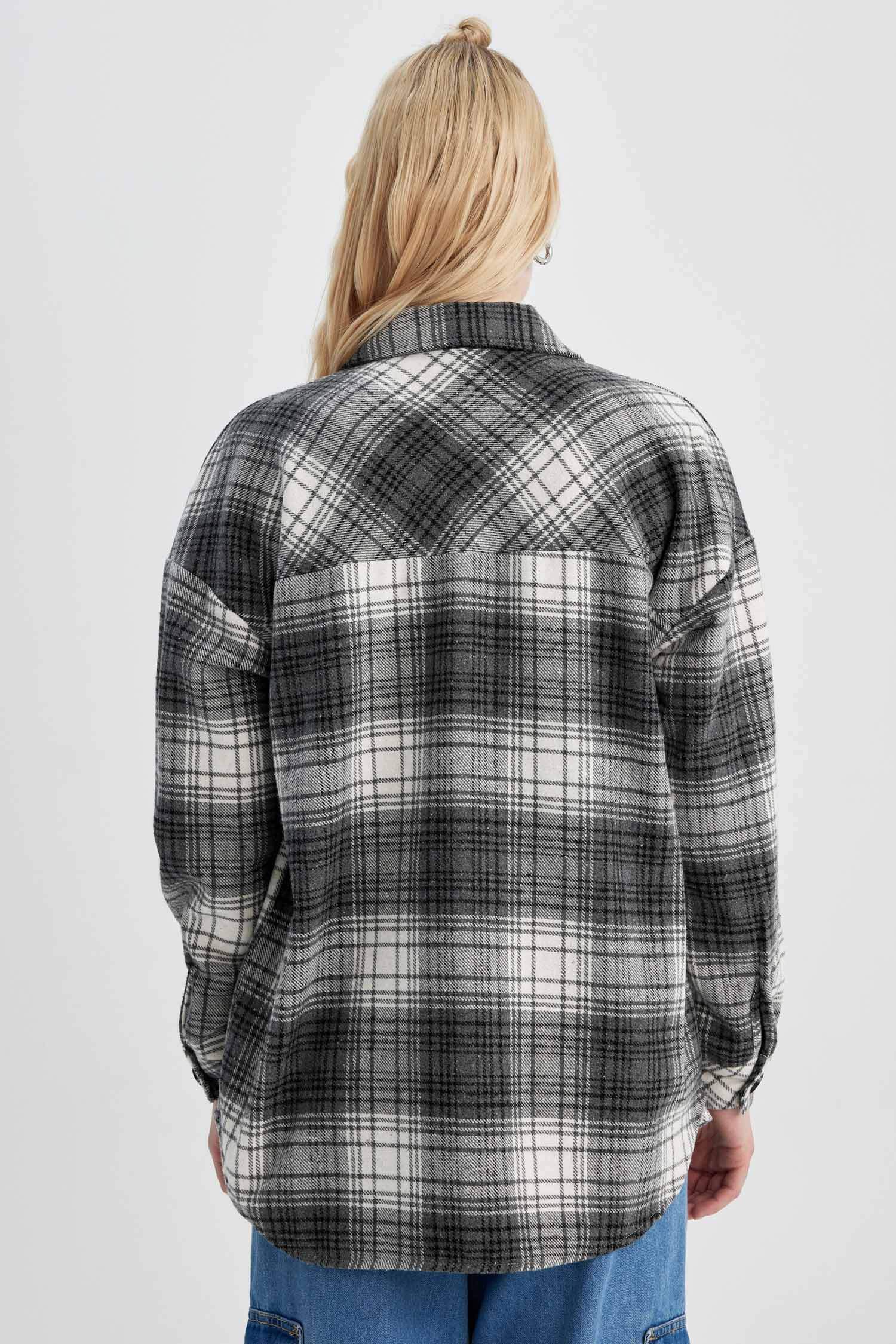 تونيك كاروهات كم طويل بياقة قميص