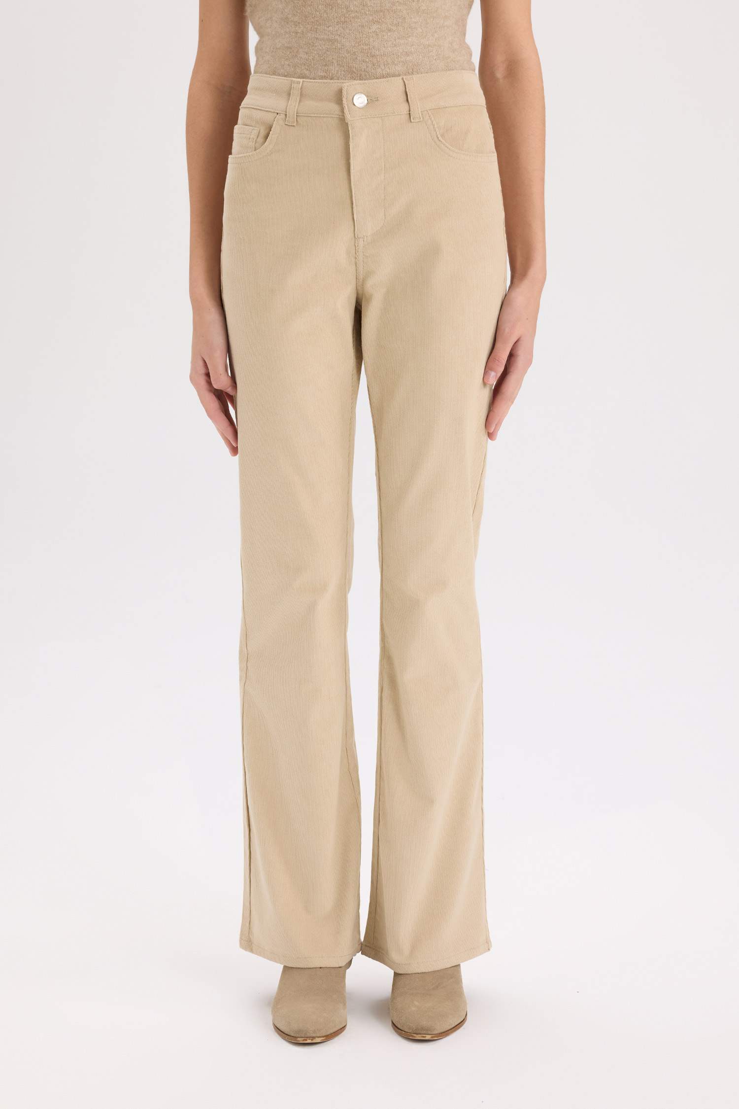 Flare Fit Cepli Yüksek Bel İspanyol Paça Fitilli Kadife Pantolon