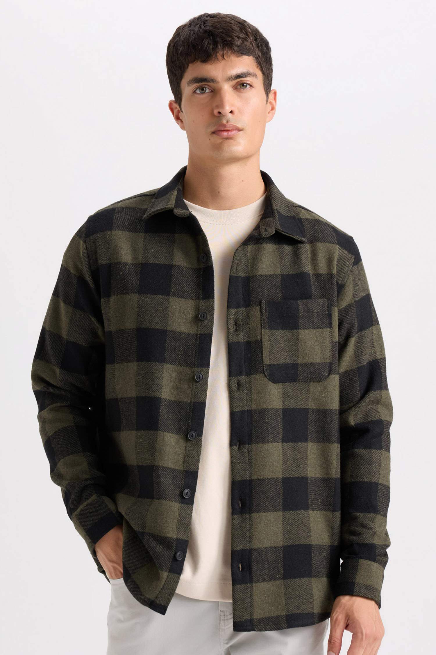 Regular Fit Polo Yaka Kareli Flanel Uzun Kollu Gömlek