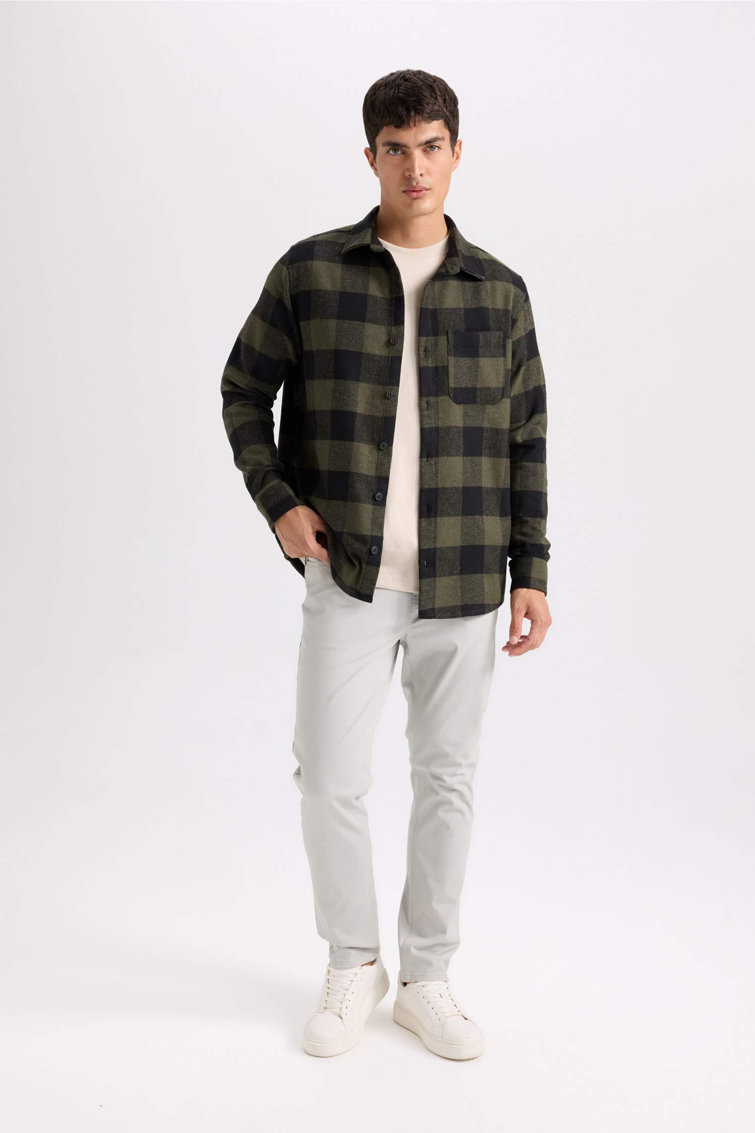 Regular Fit Polo Yaka Kareli Flanel Uzun Kollu Gömlek