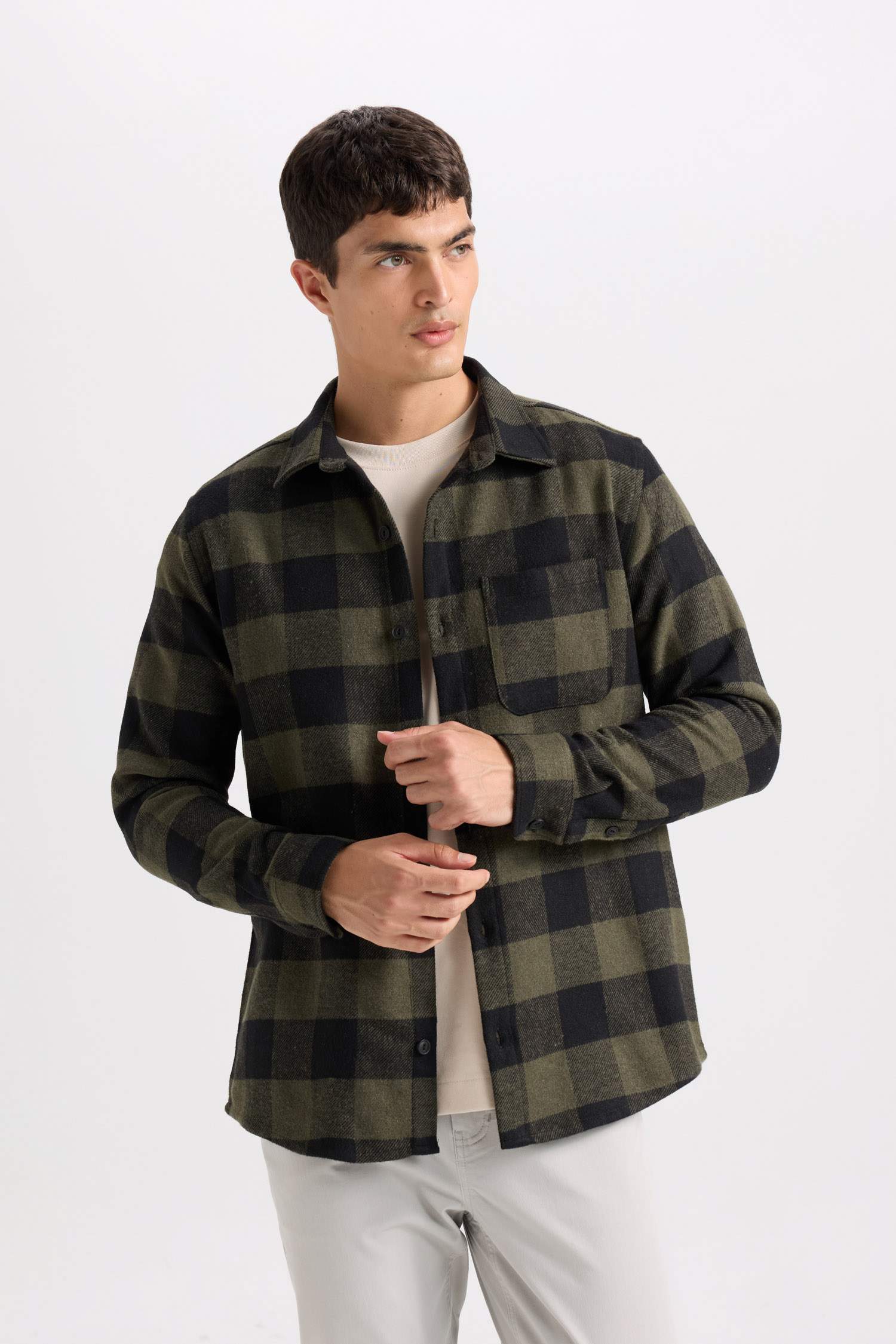 Regular Fit Polo Yaka Kareli Flanel Uzun Kollu Gömlek