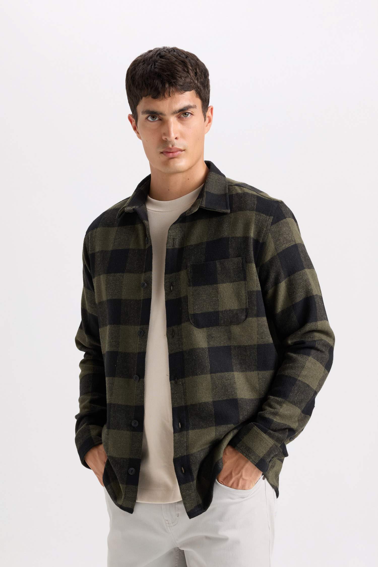 Regular Fit Polo Yaka Kareli Flanel Uzun Kollu Gömlek