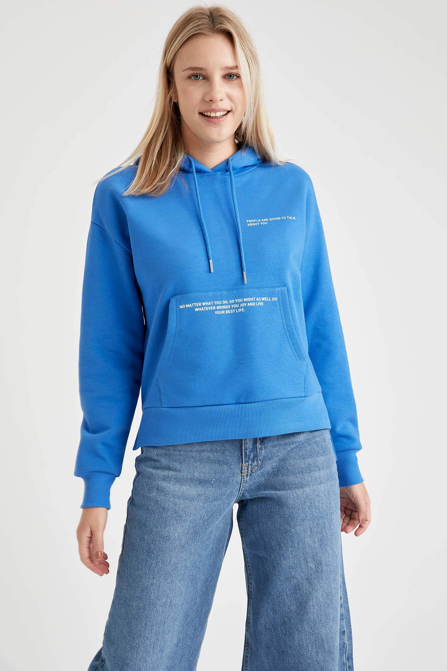Blue WOMAN Printed Kangaroo Pocket Hooded Sweatshirt 1557370 | DeFacto