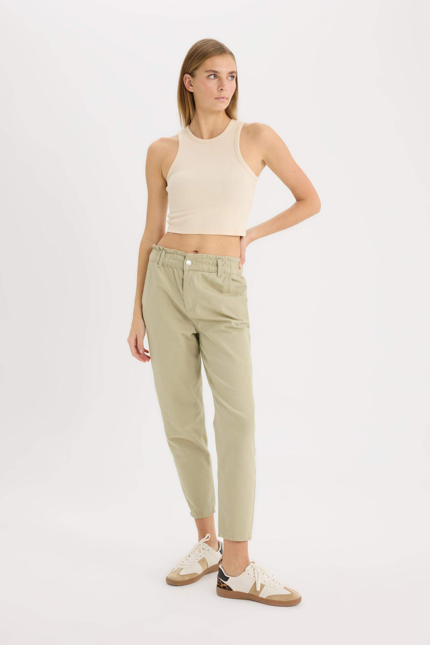 Paperbag Gabardin Kumaş Pantolon Standart Paça Cepli