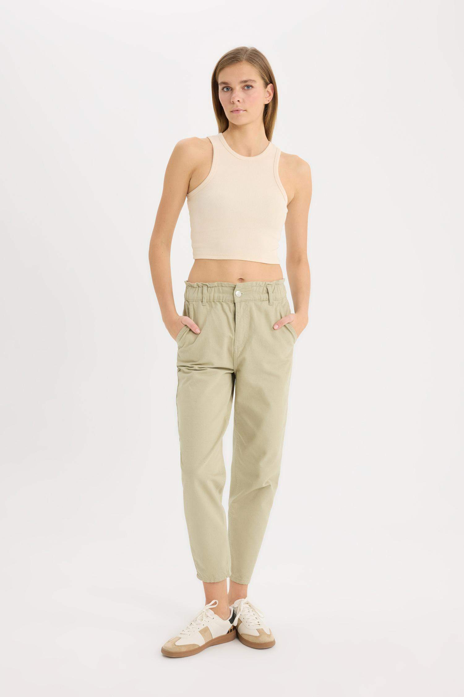 Paperbag Gabardin Kumaş Pantolon Standart Paça Cepli