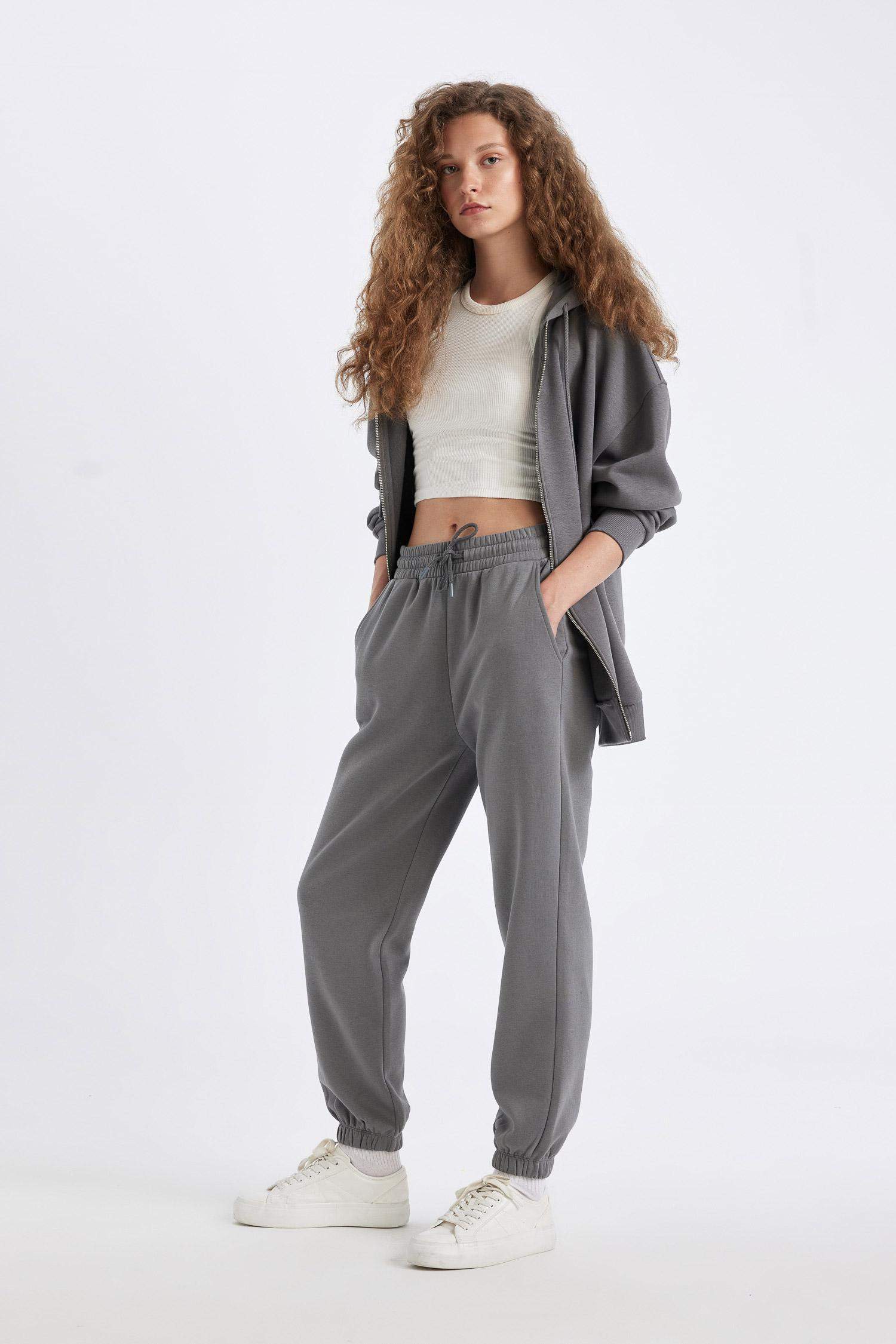 Standart Fit Kalın Jogger Eşofman Altı Bel Paça Lastikli Basic Düz Uzun Boy