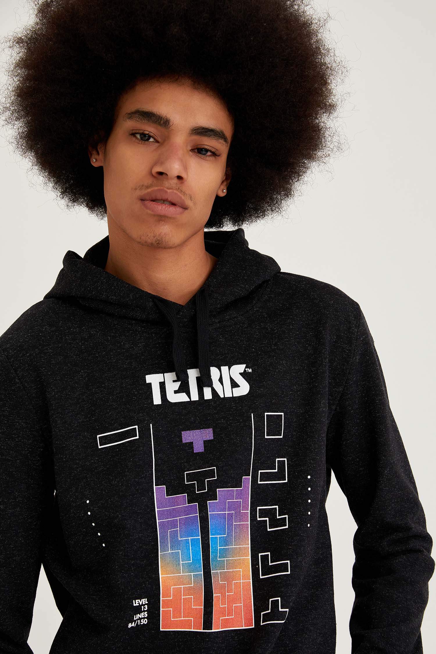 Siyah Erkek Tetris Lisanslı Slim Fit Uzun Kollu İçi Yumuşak Tüylü Sweatshirt  1547731 | DeFacto