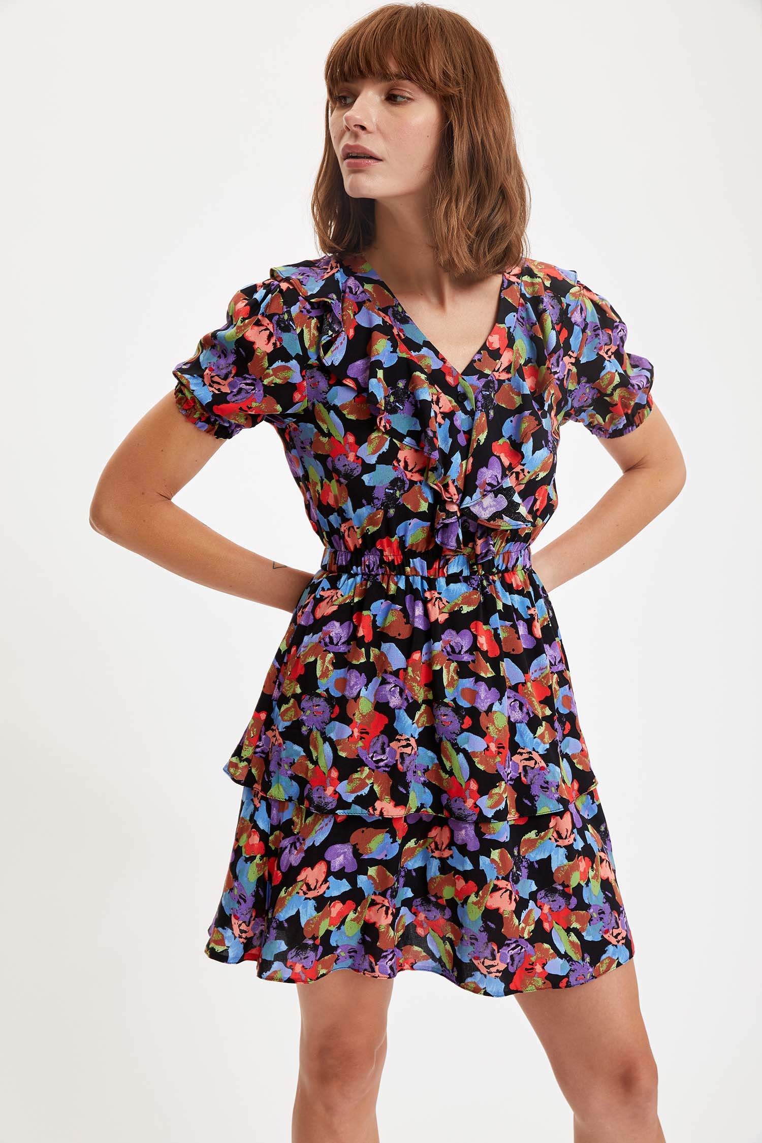 Defacto Volanlı Katlı Fırfırlı Etekli Yazlık Mini Elbise. 2