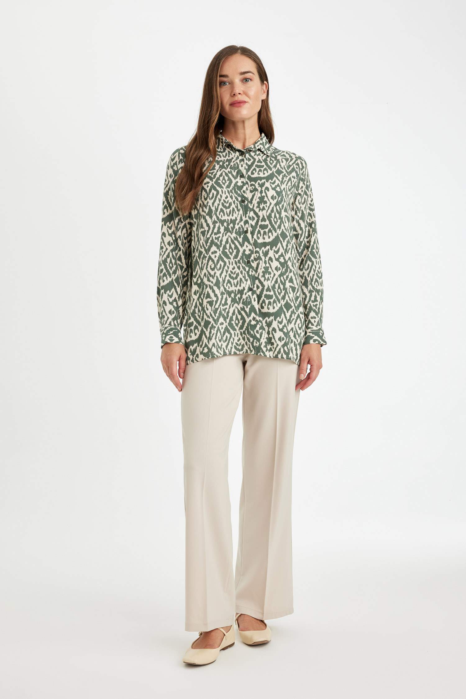 Loose Fit Gömlek Yaka Desenli Uzun Kollu Gömlek Tunik