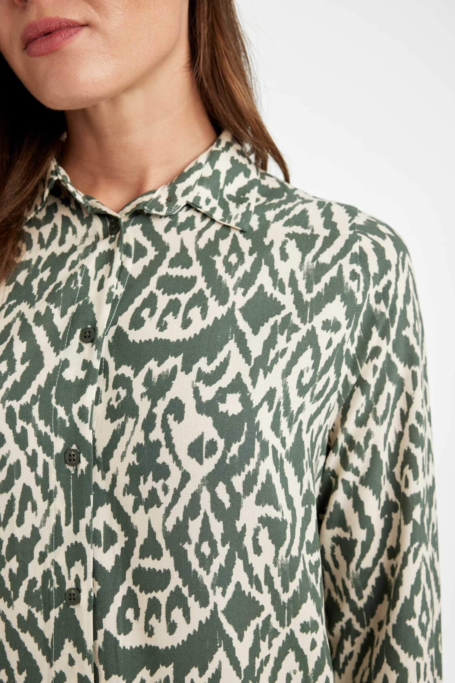 Loose Fit Gömlek Yaka Desenli Uzun Kollu Gömlek Tunik