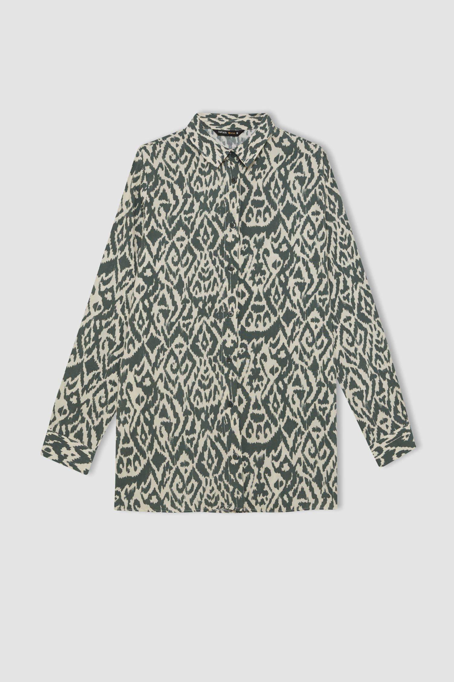 Loose Fit Gömlek Yaka Desenli Uzun Kollu Gömlek Tunik