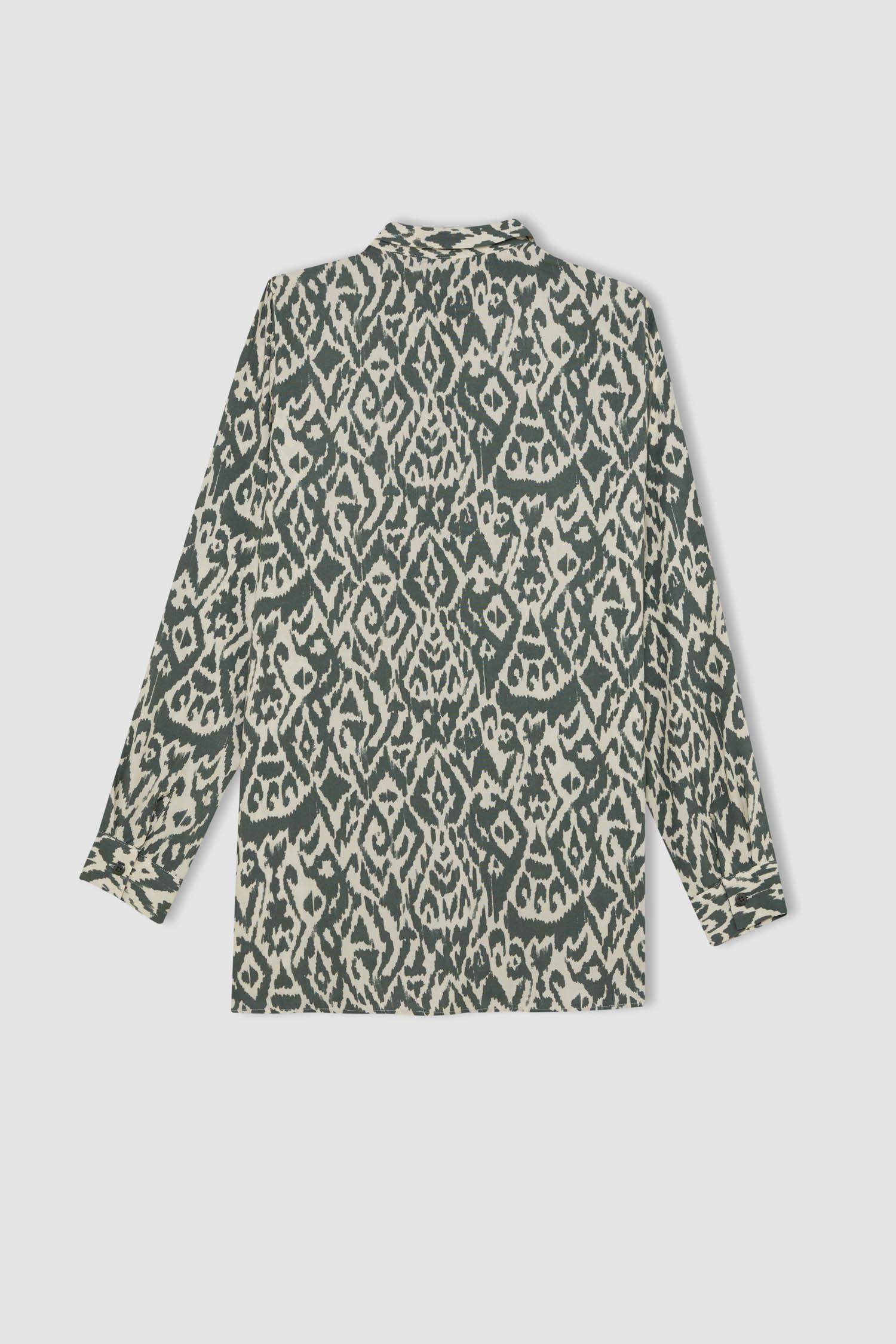 Loose Fit Gömlek Yaka Desenli Uzun Kollu Gömlek Tunik