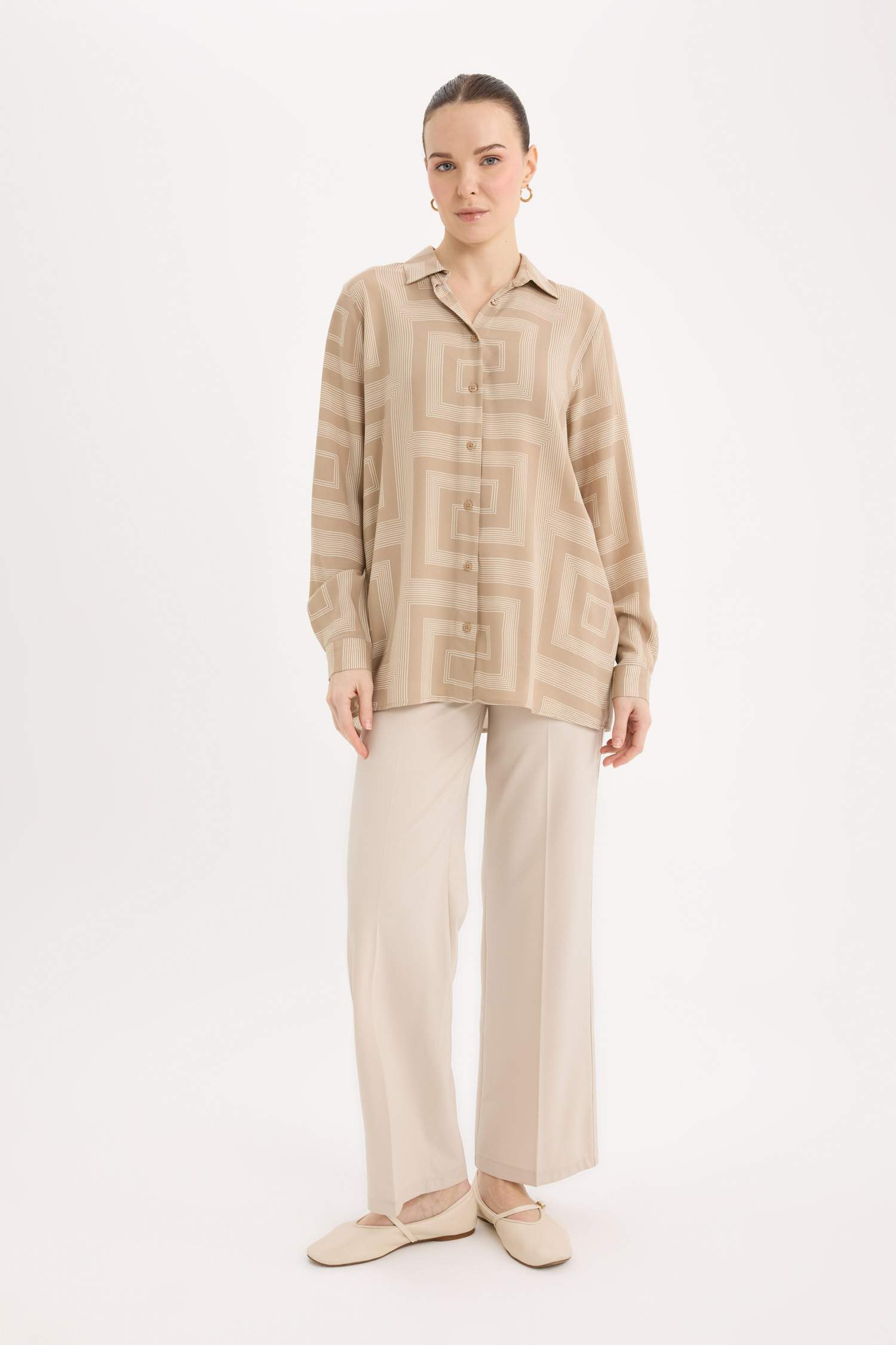 Loose Fit Gömlek Yaka Desenli Uzun Kollu Gömlek Tunik