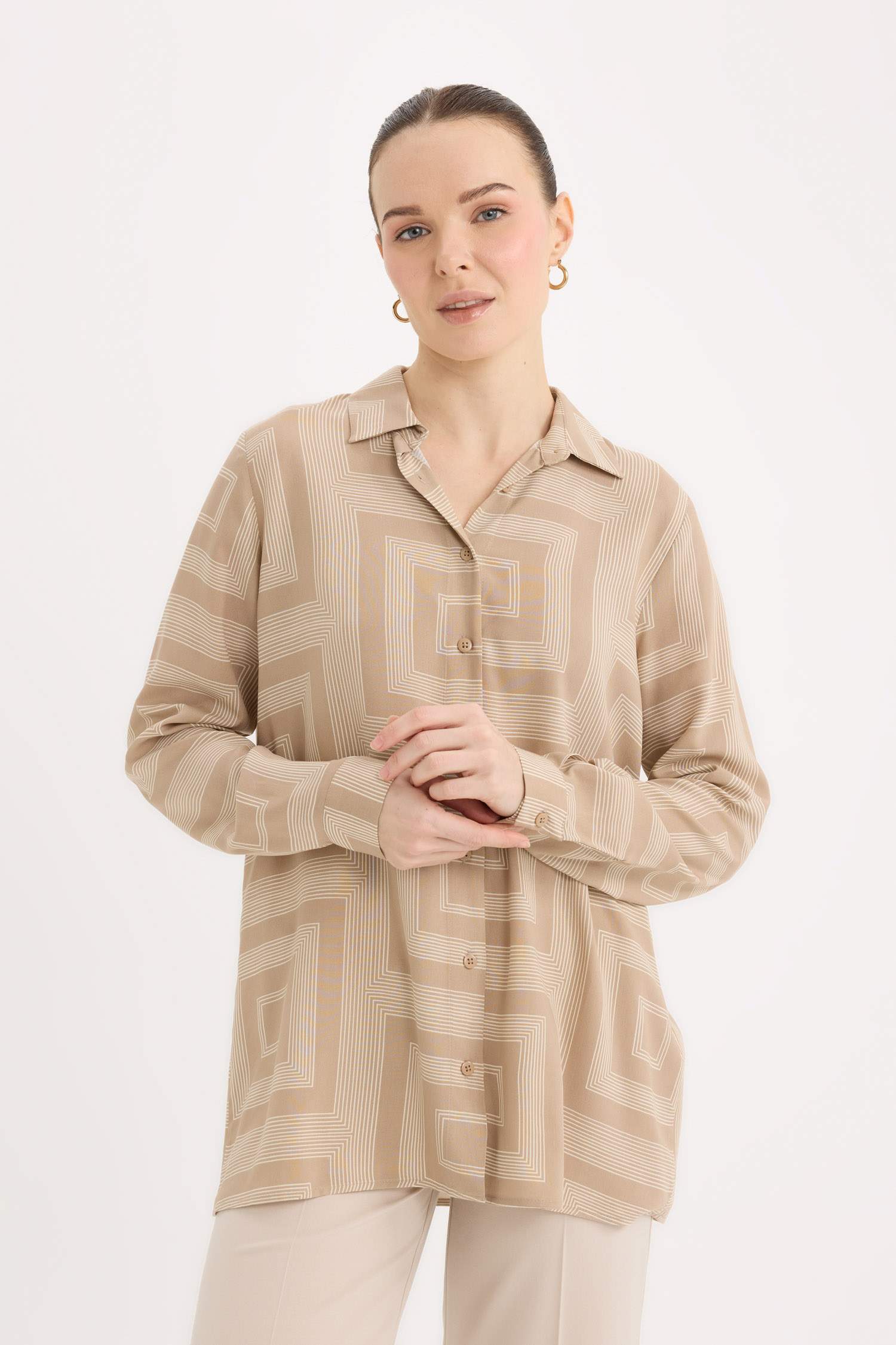 Loose Fit Gömlek Yaka Desenli Uzun Kollu Gömlek Tunik