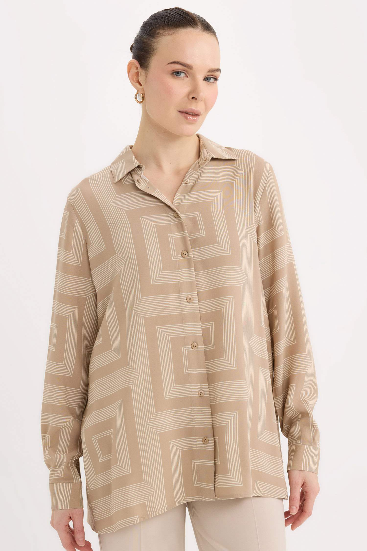 Loose Fit Gömlek Yaka Desenli Uzun Kollu Gömlek Tunik