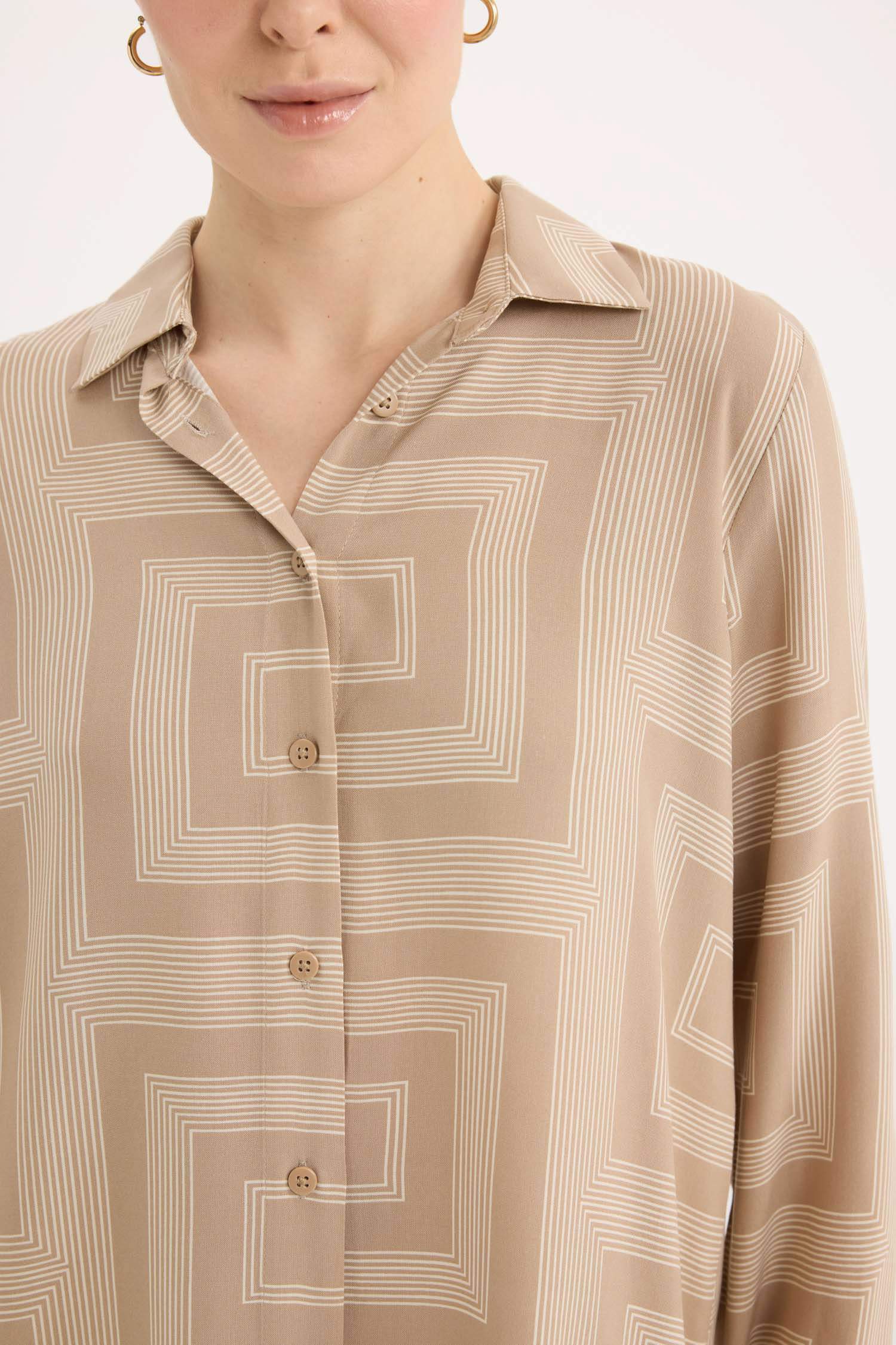 Loose Fit Gömlek Yaka Desenli Uzun Kollu Gömlek Tunik