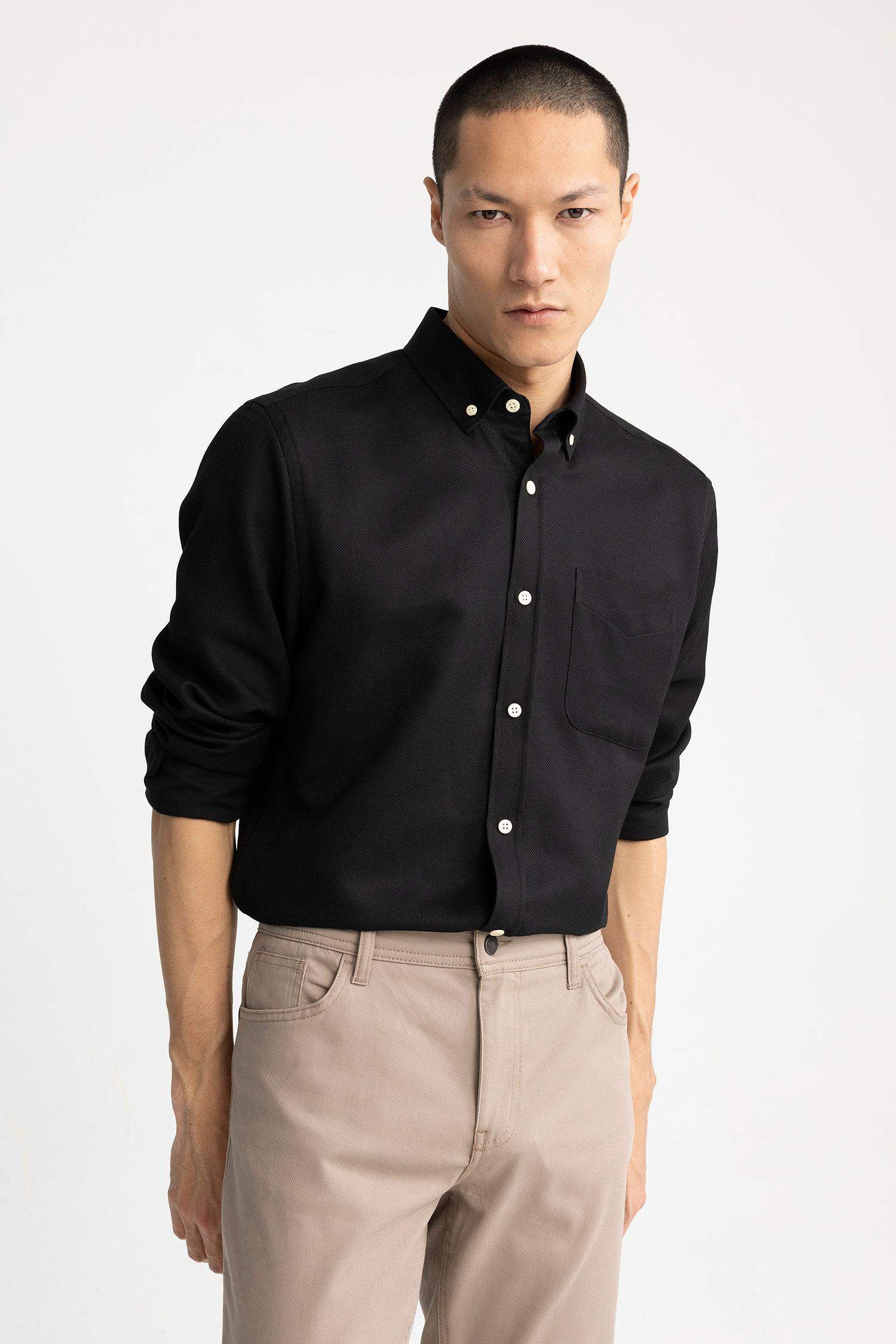 түймелі поло жағасы Ұзын жеңді көйлек