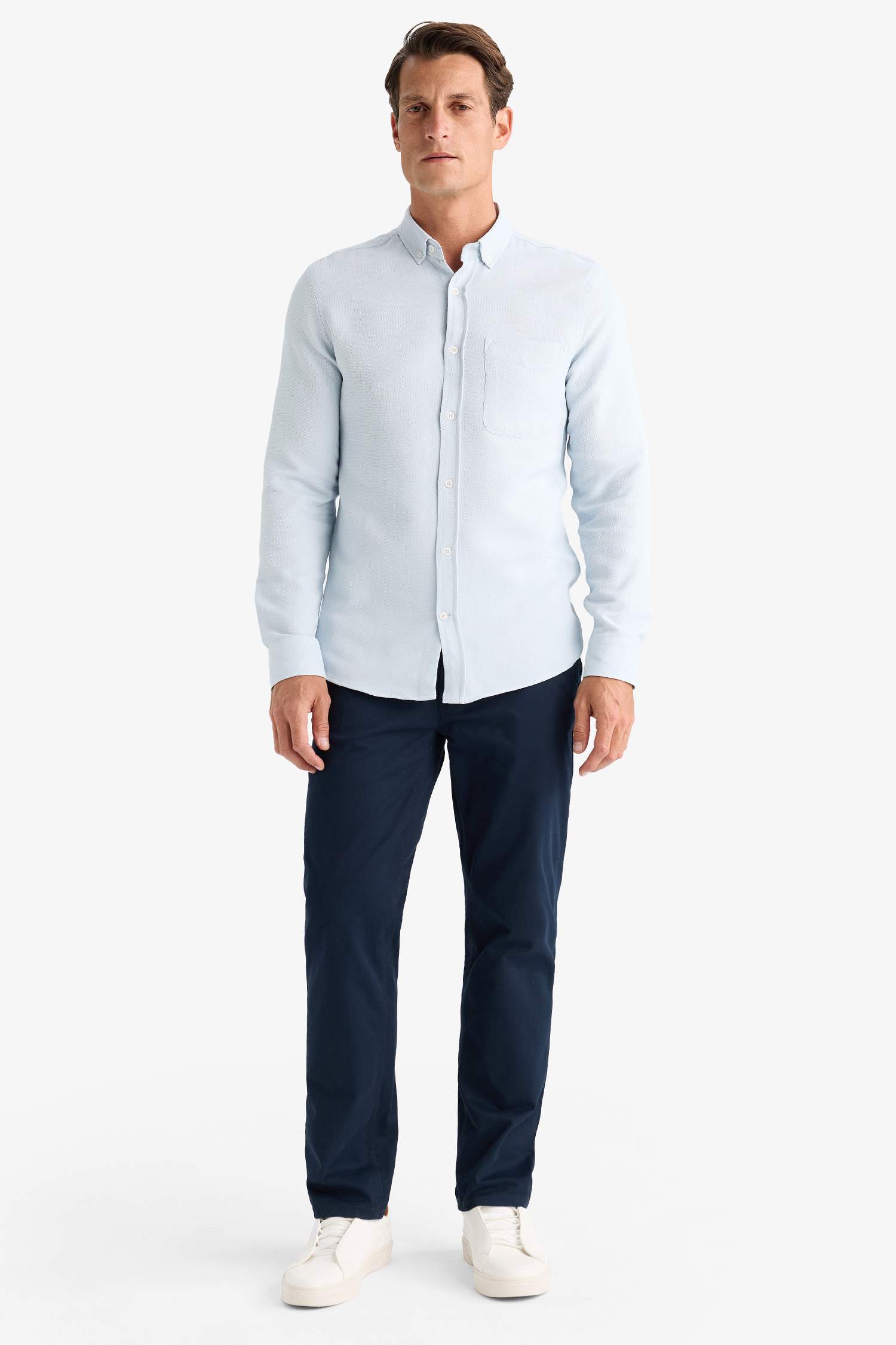 Slim Fit Dar Kesim Polo Yaka Dokulu Uzun Kollu Gömlek