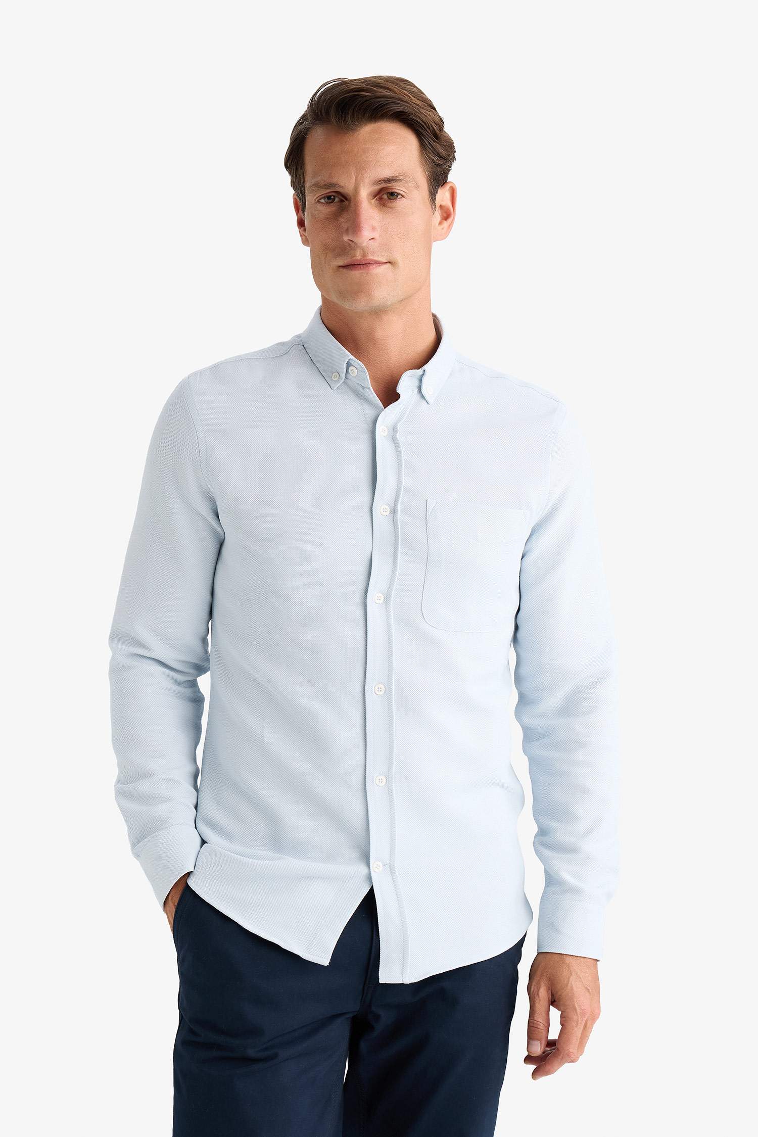 Slim Fit Dar Kesim Polo Yaka Dokulu Uzun Kollu Gömlek