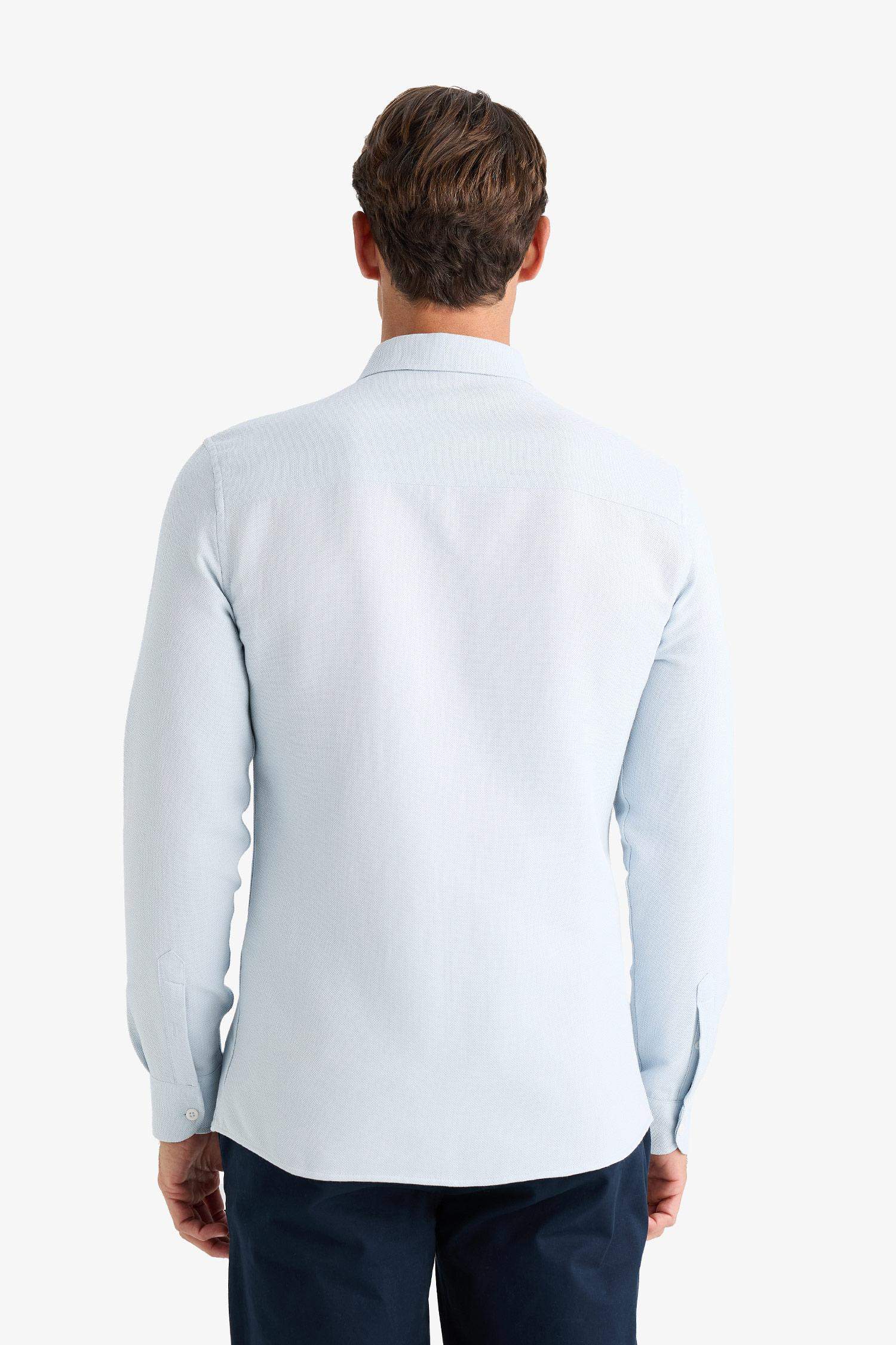 Slim Fit Dar Kesim Polo Yaka Dokulu Uzun Kollu Gömlek