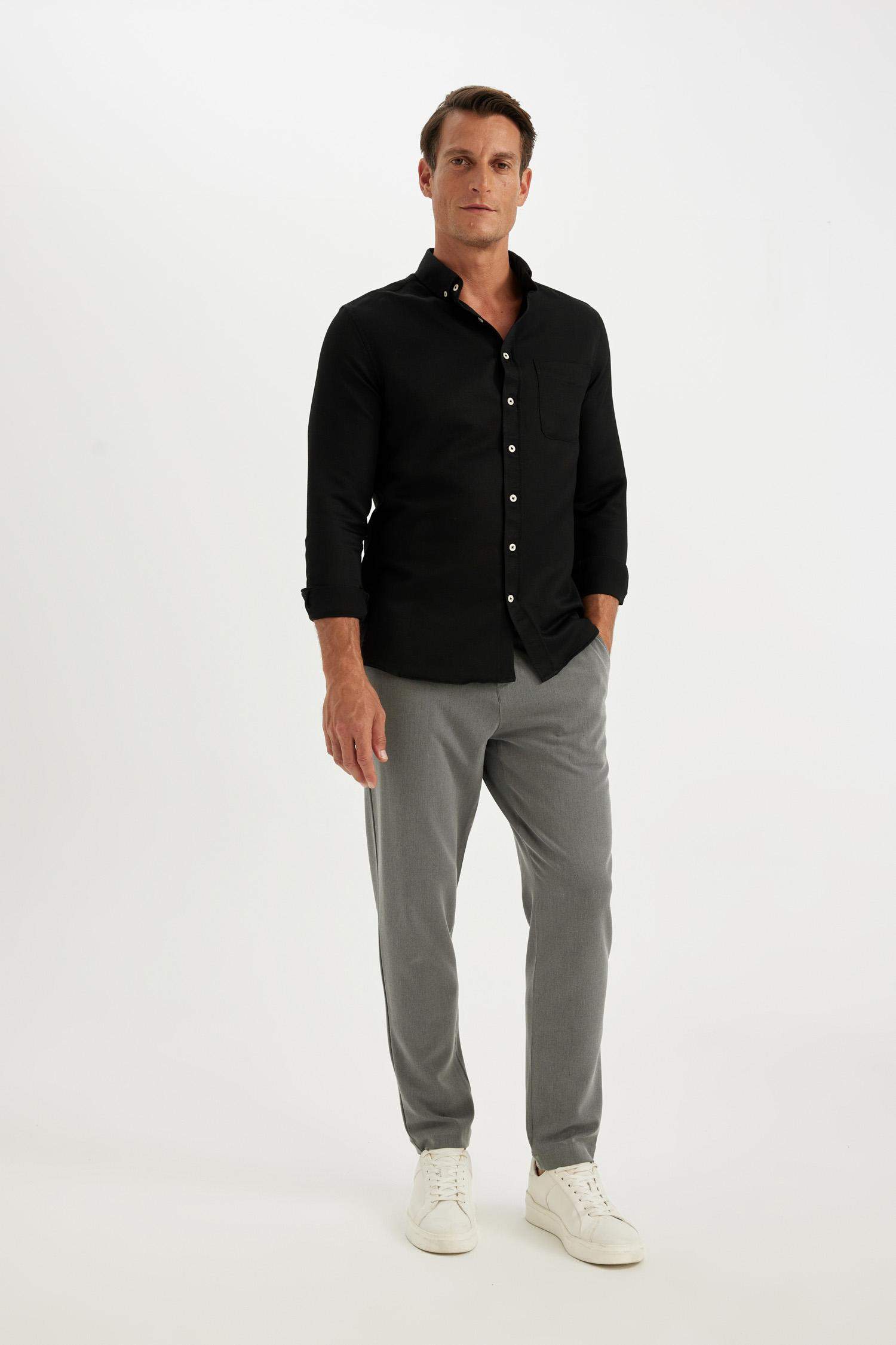 Slim Fit Dar Kesim Polo Yaka Dokulu Uzun Kollu Siyah Gömlek