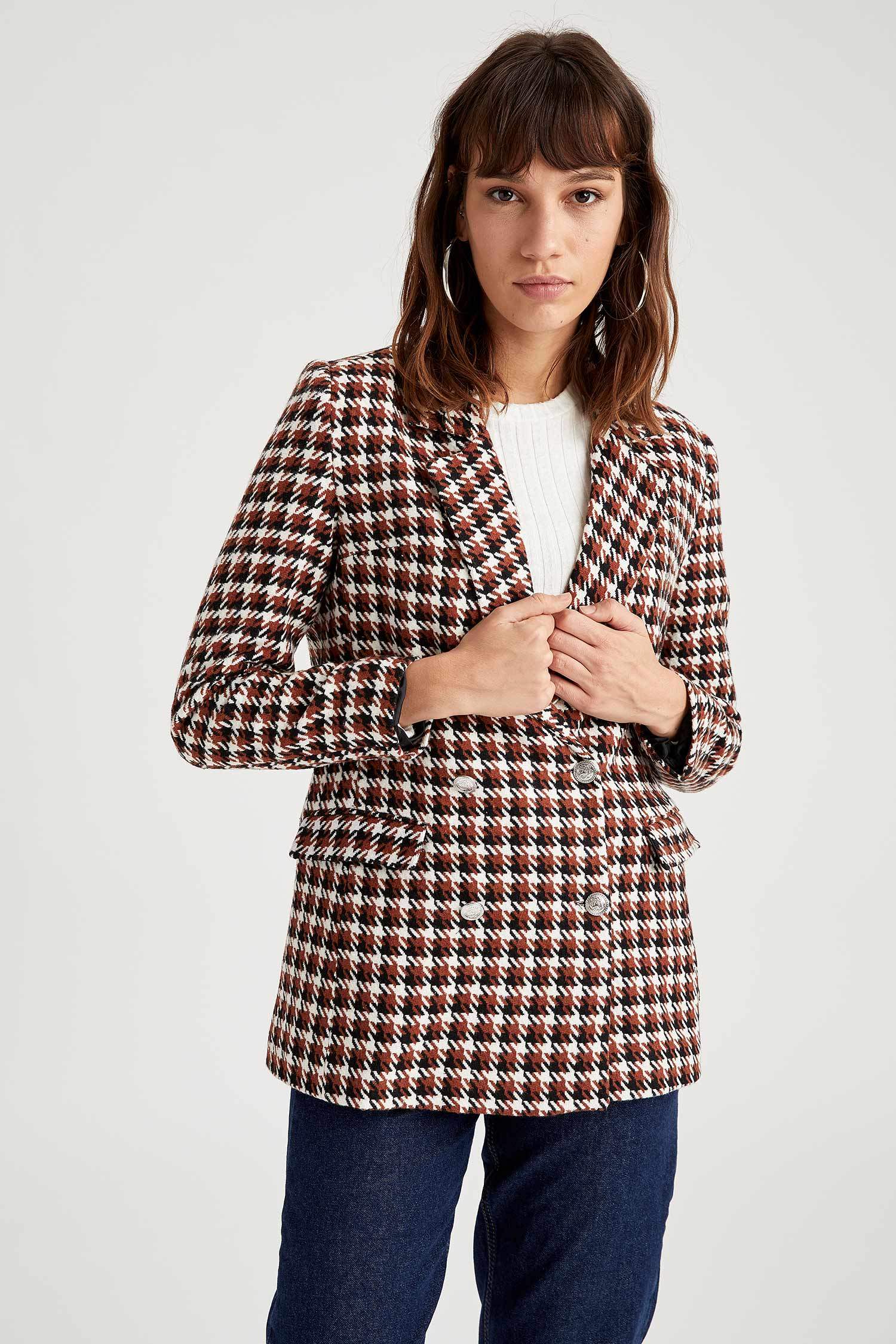 Brown WOMAN Square Print Blazer Jacket 1556446 | DeFacto