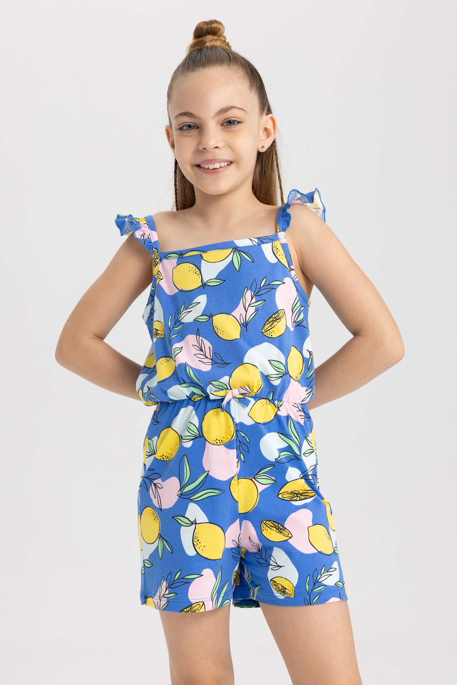 Blue GIRLS & TEENS Girl Patterned Strap Cotton Short Jumpsuit 2775962