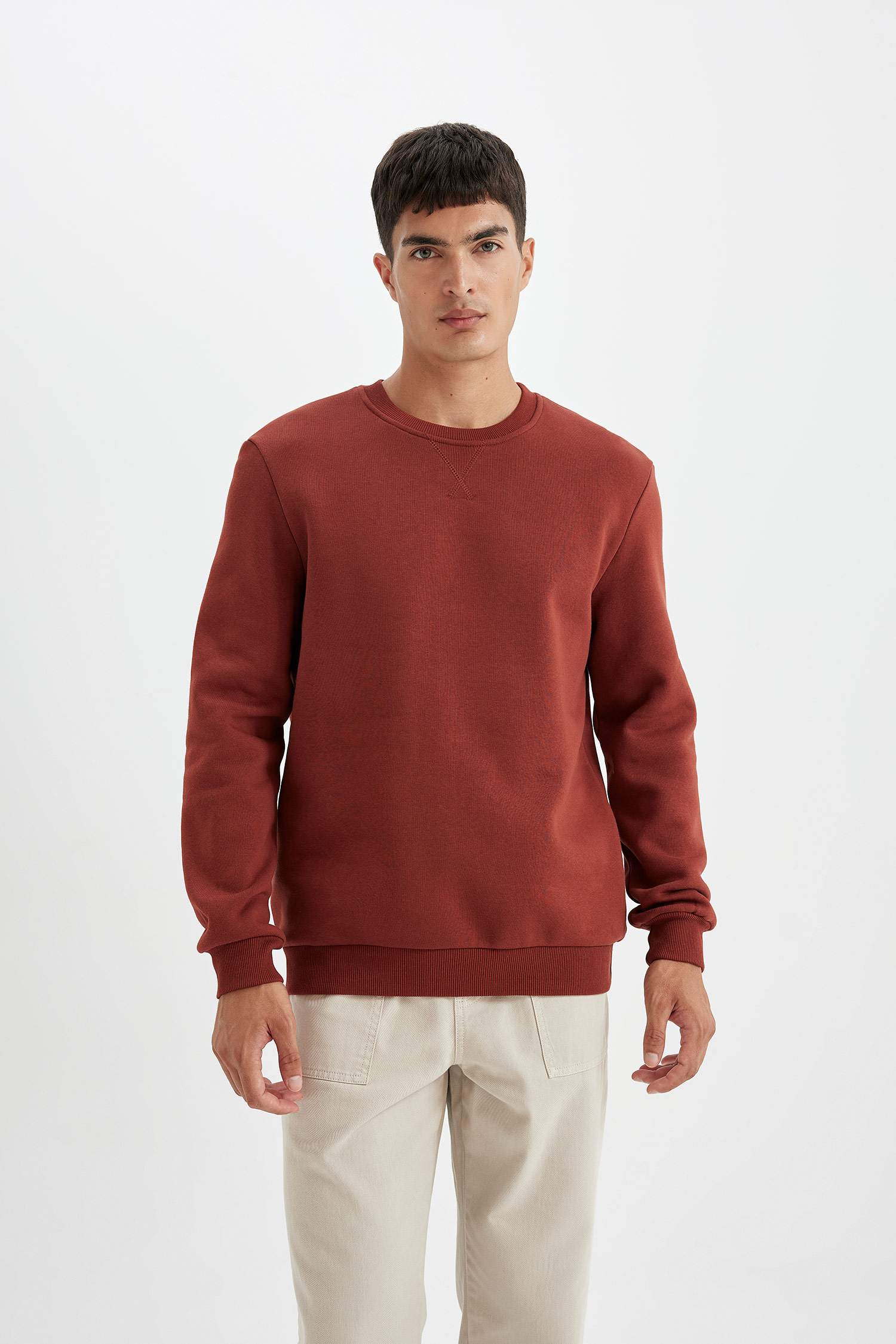 Regular Fit Bisiklet Yaka Kalın Basic Düz Sweatshirt