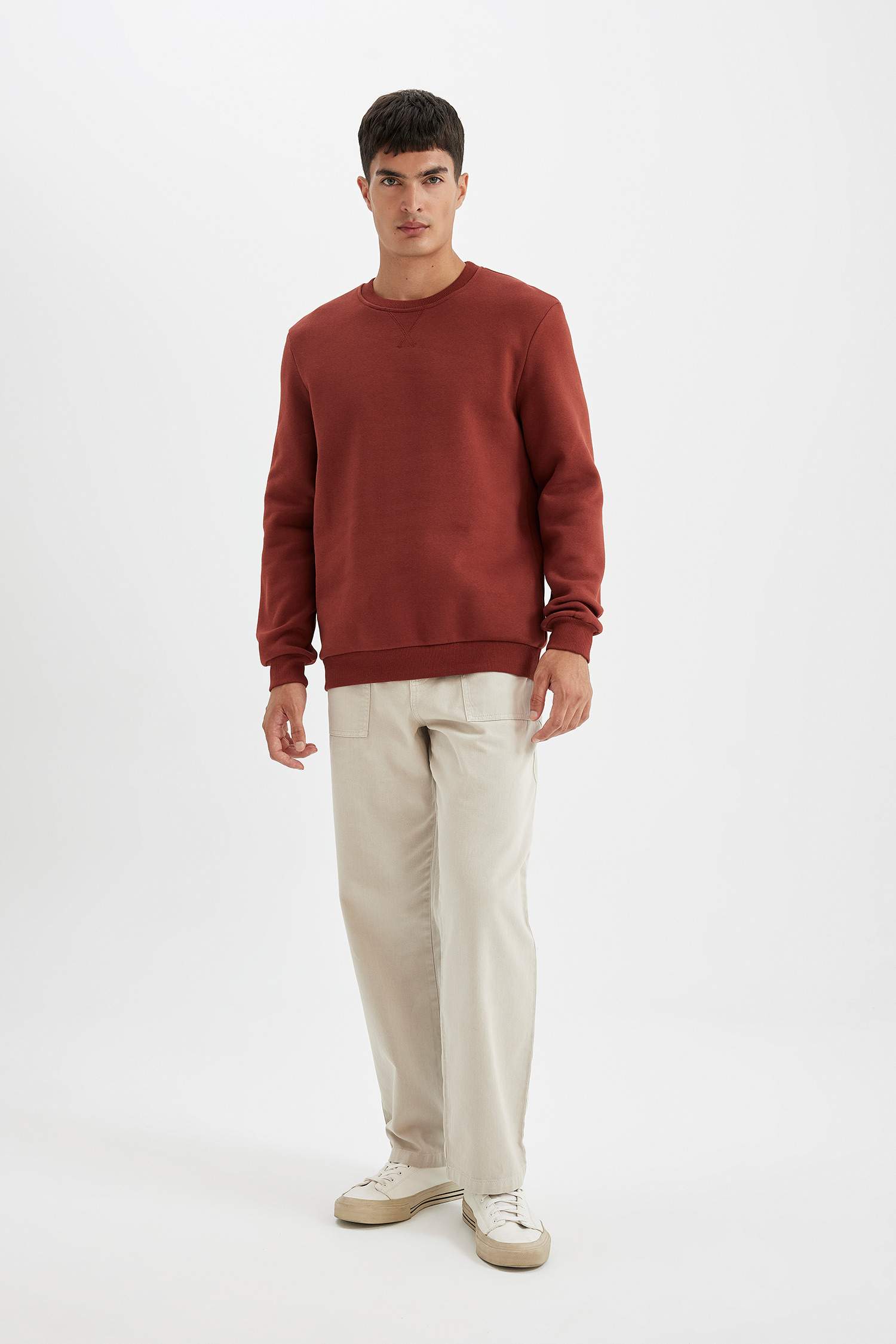 Regular Fit Bisiklet Yaka Kalın Basic Düz Sweatshirt