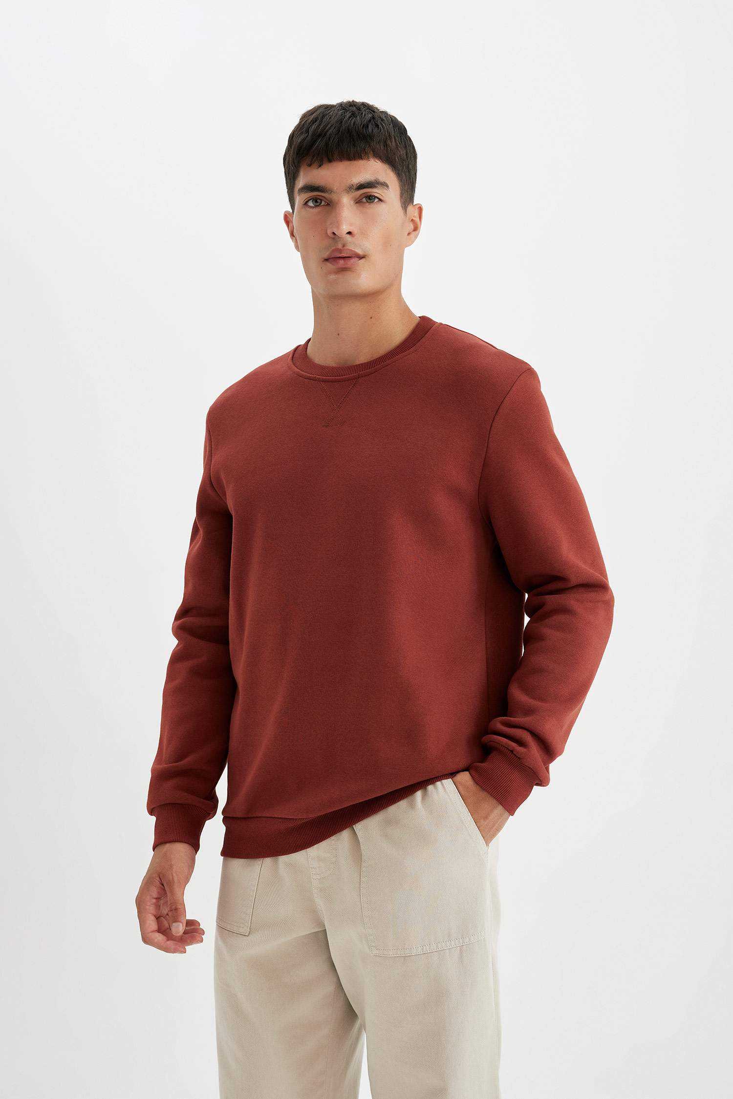 Regular Fit Bisiklet Yaka Kalın Basic Düz Sweatshirt