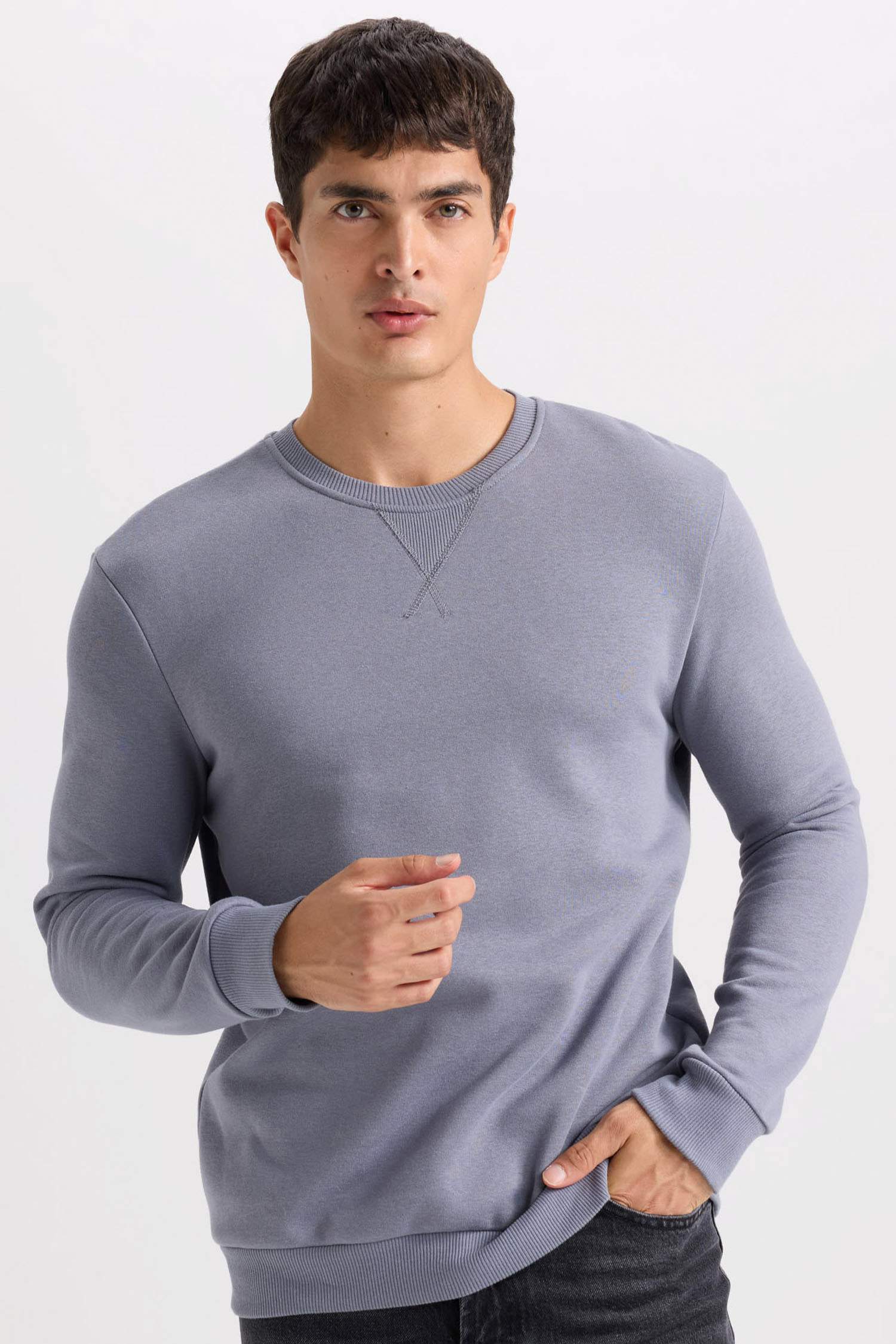 Regular Fit Bisiklet Yaka Kalın Basic Düz Sweatshirt