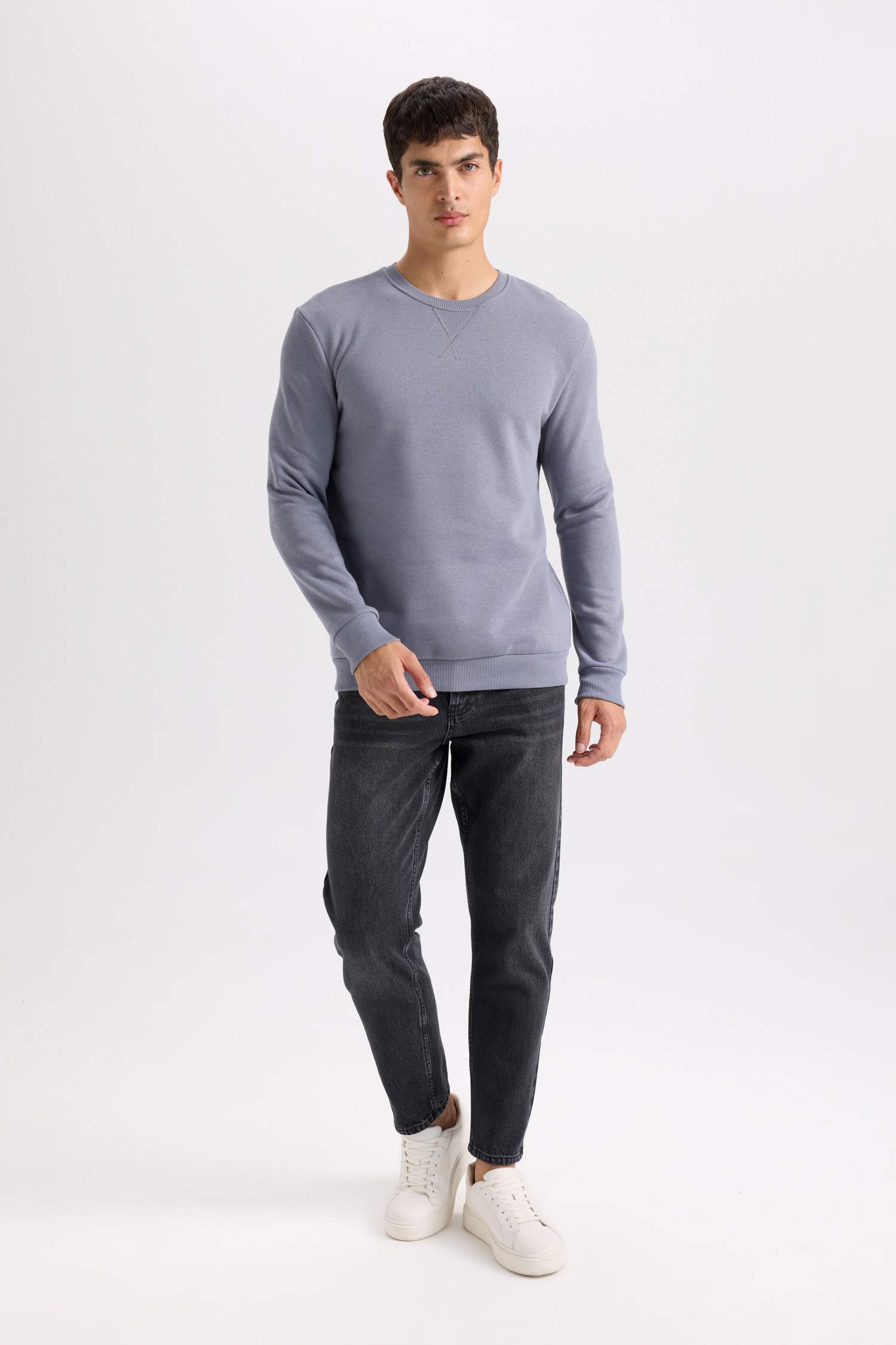 Regular Fit Bisiklet Yaka Kalın Basic Düz Sweatshirt