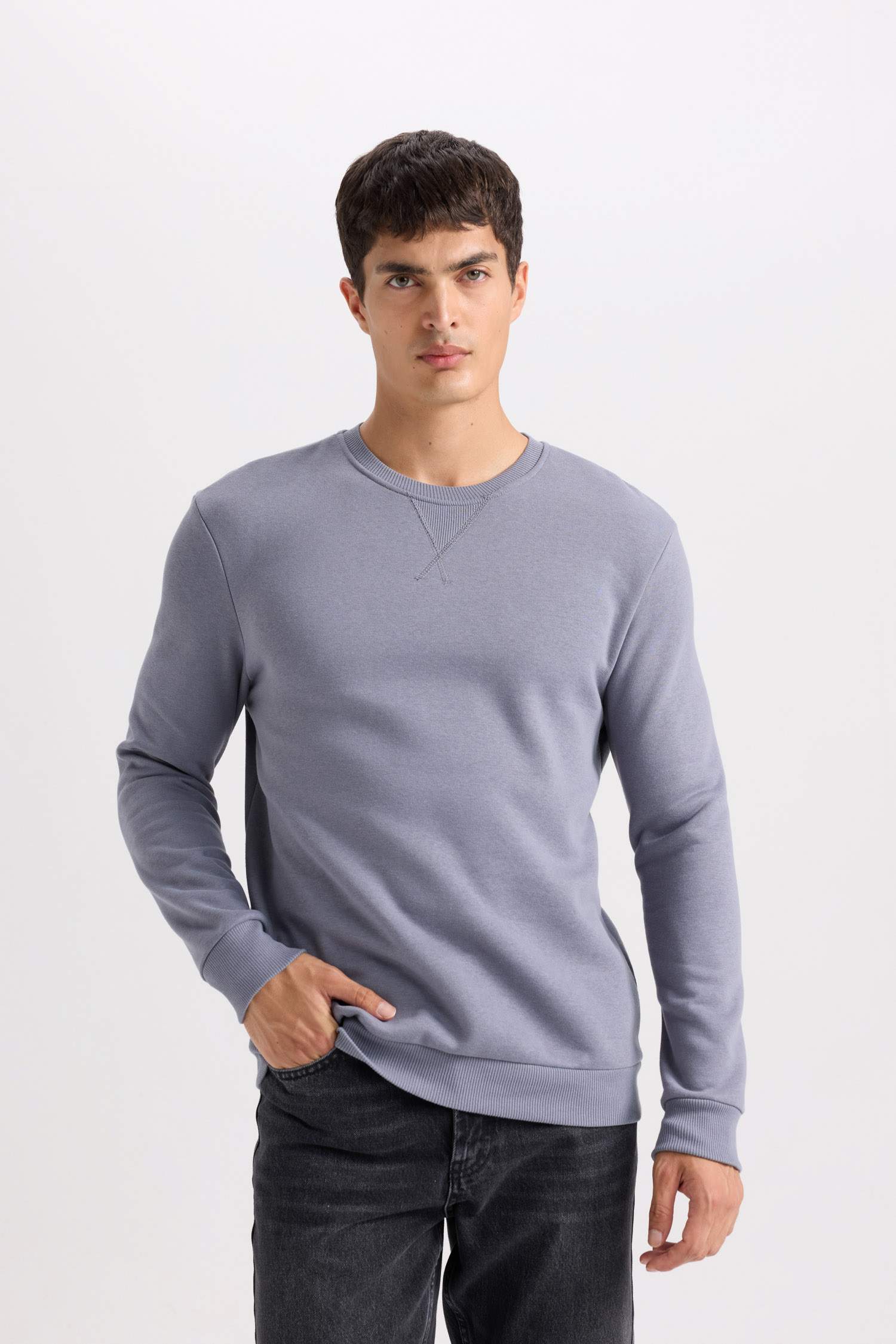 Regular Fit Bisiklet Yaka Kalın Basic Düz Sweatshirt