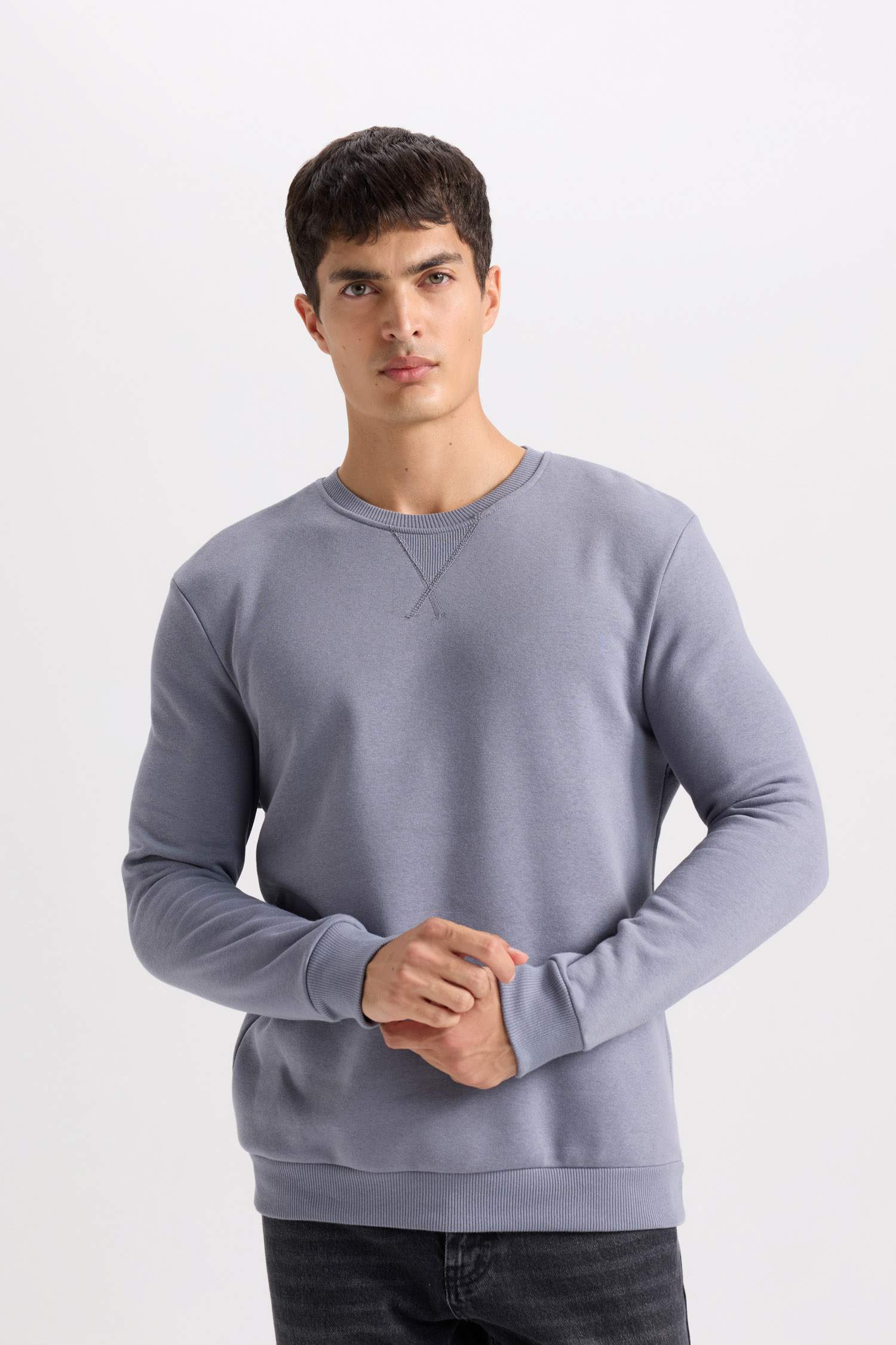 Regular Fit Bisiklet Yaka Kalın Basic Düz Sweatshirt