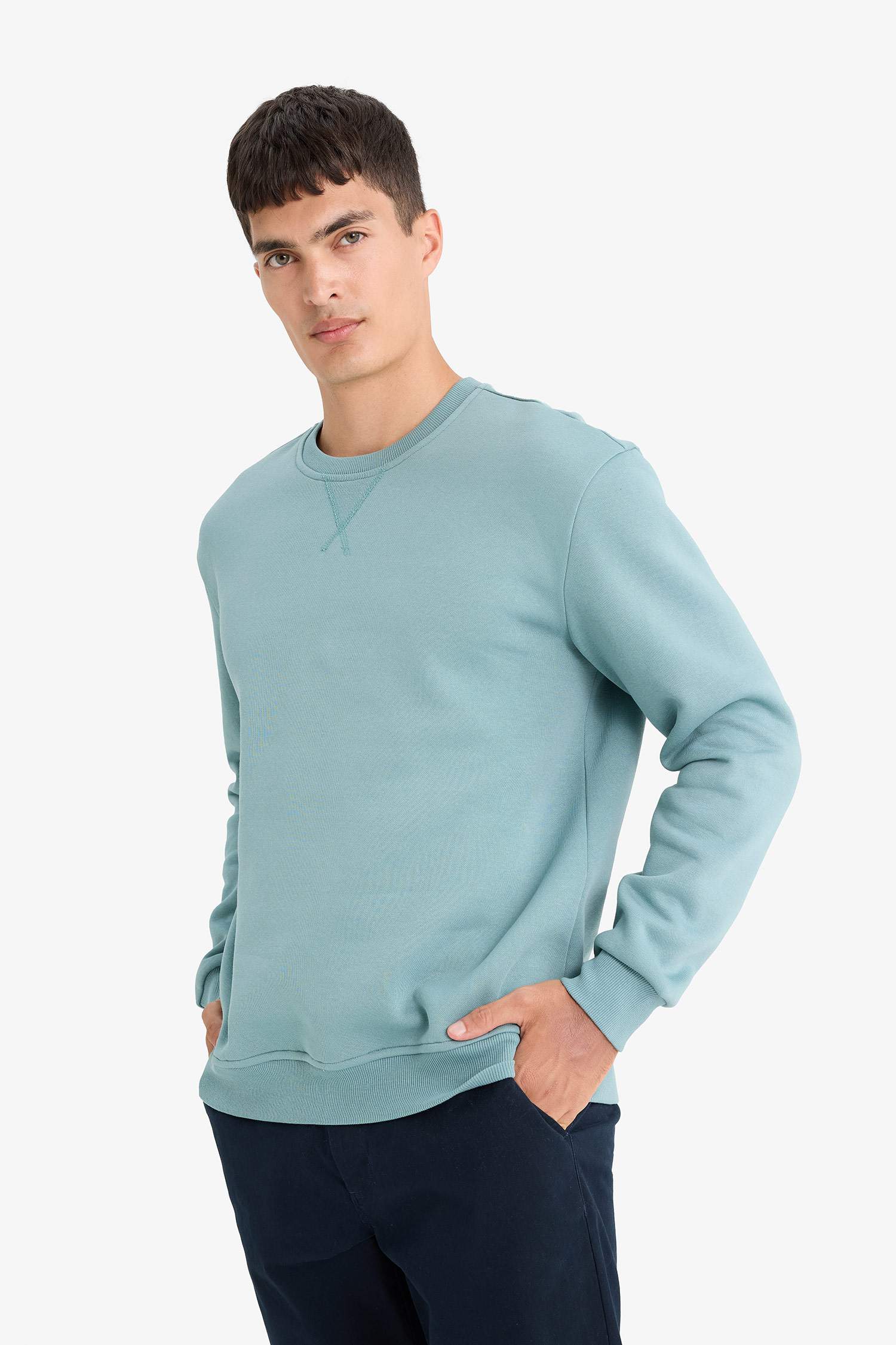 Regular Fit Bisiklet Yaka Basic Düz Kalın Sweatshirt