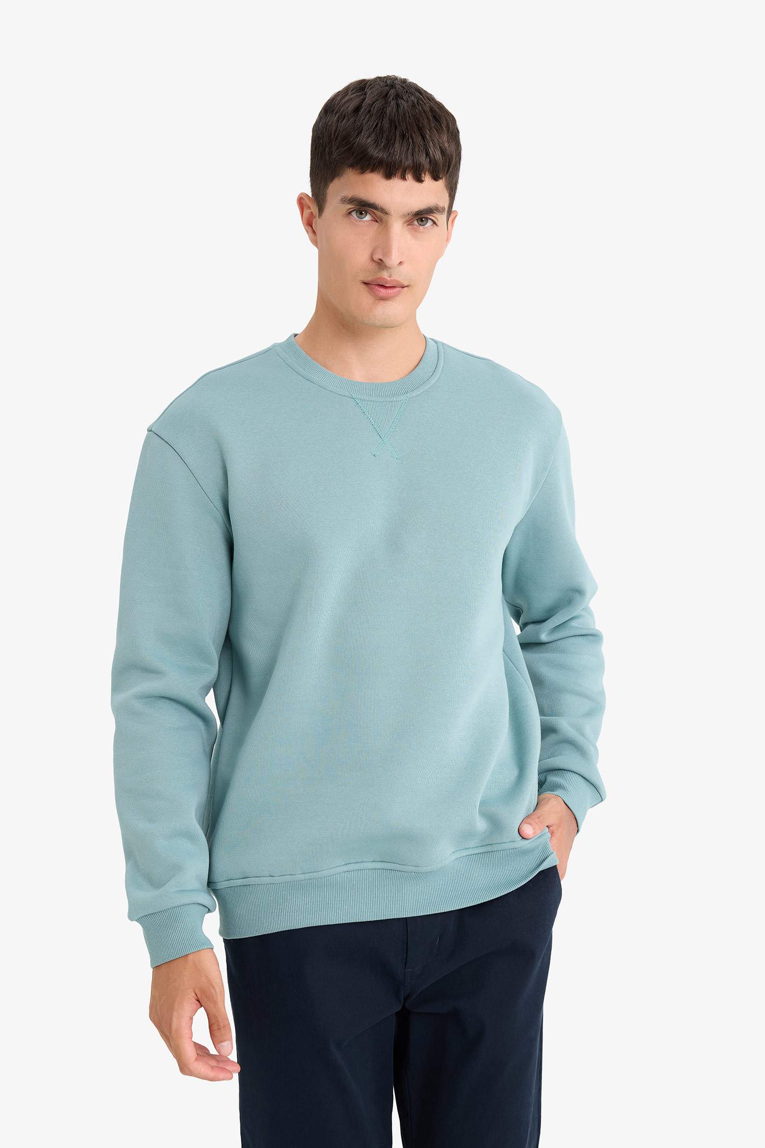 Regular Fit Bisiklet Yaka Basic Düz Kalın Sweatshirt