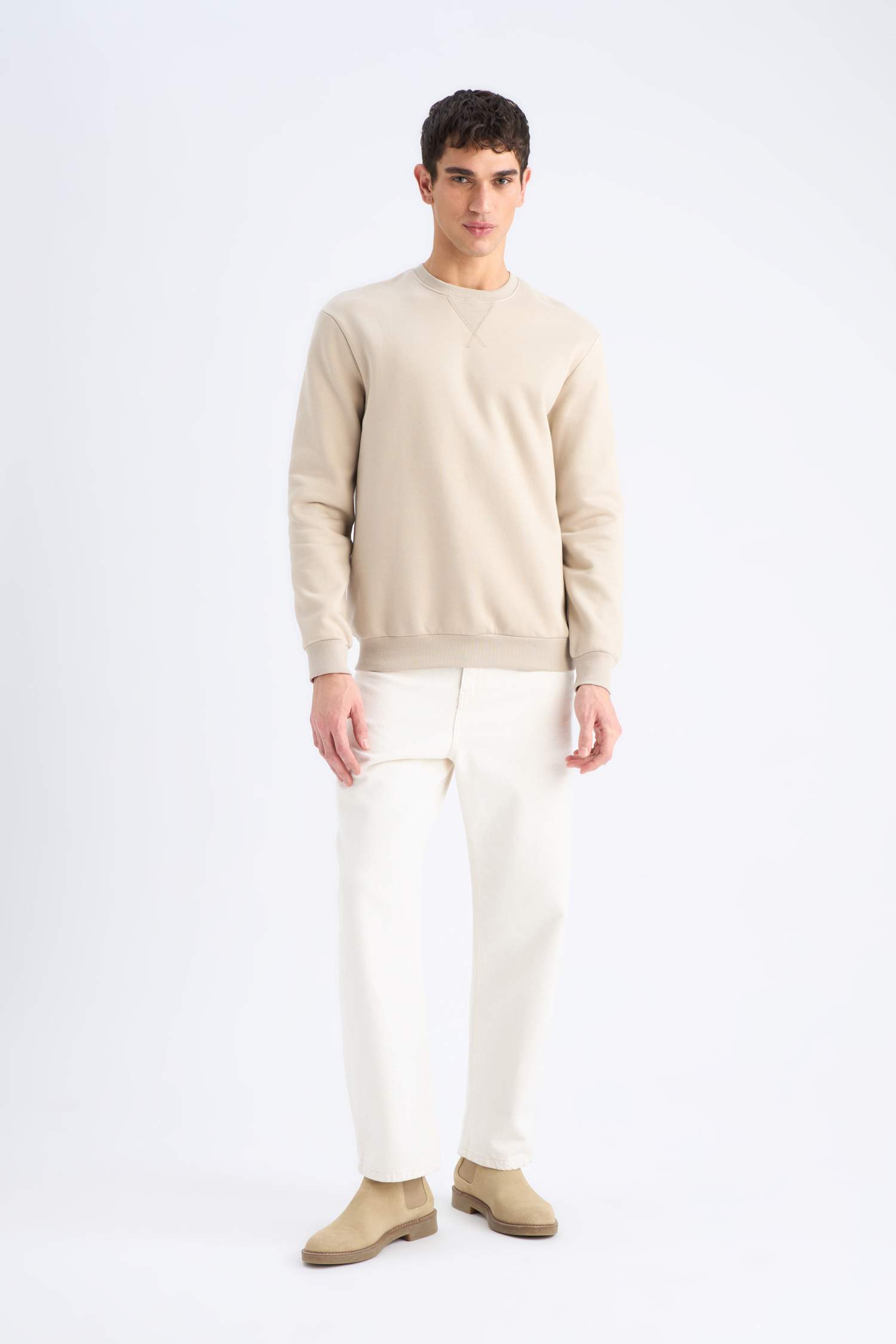 Regular Fit Bisiklet Yaka Kalın Basic Düz Sweatshirt