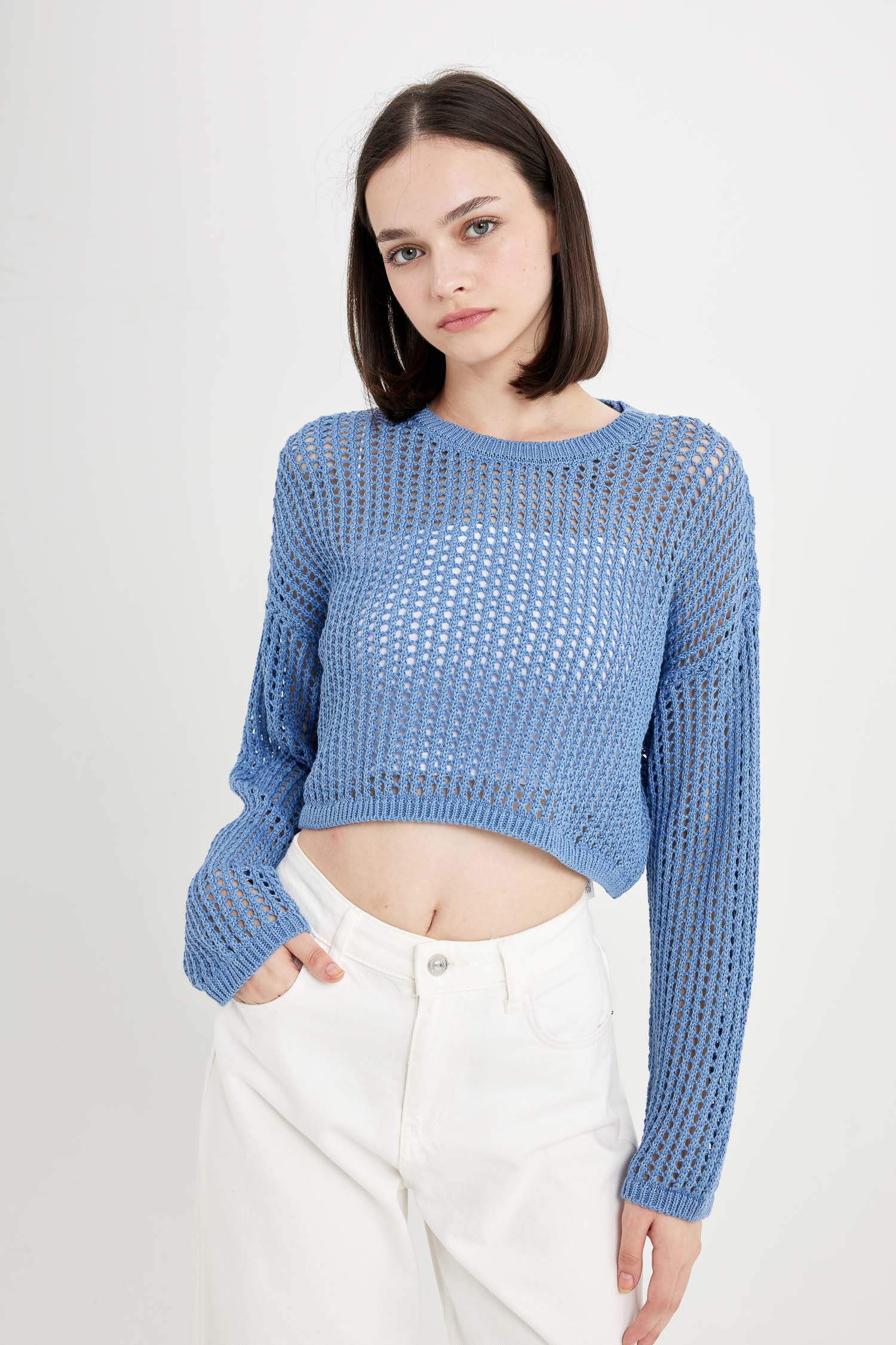Crew Neck Crochet Crop Pullover