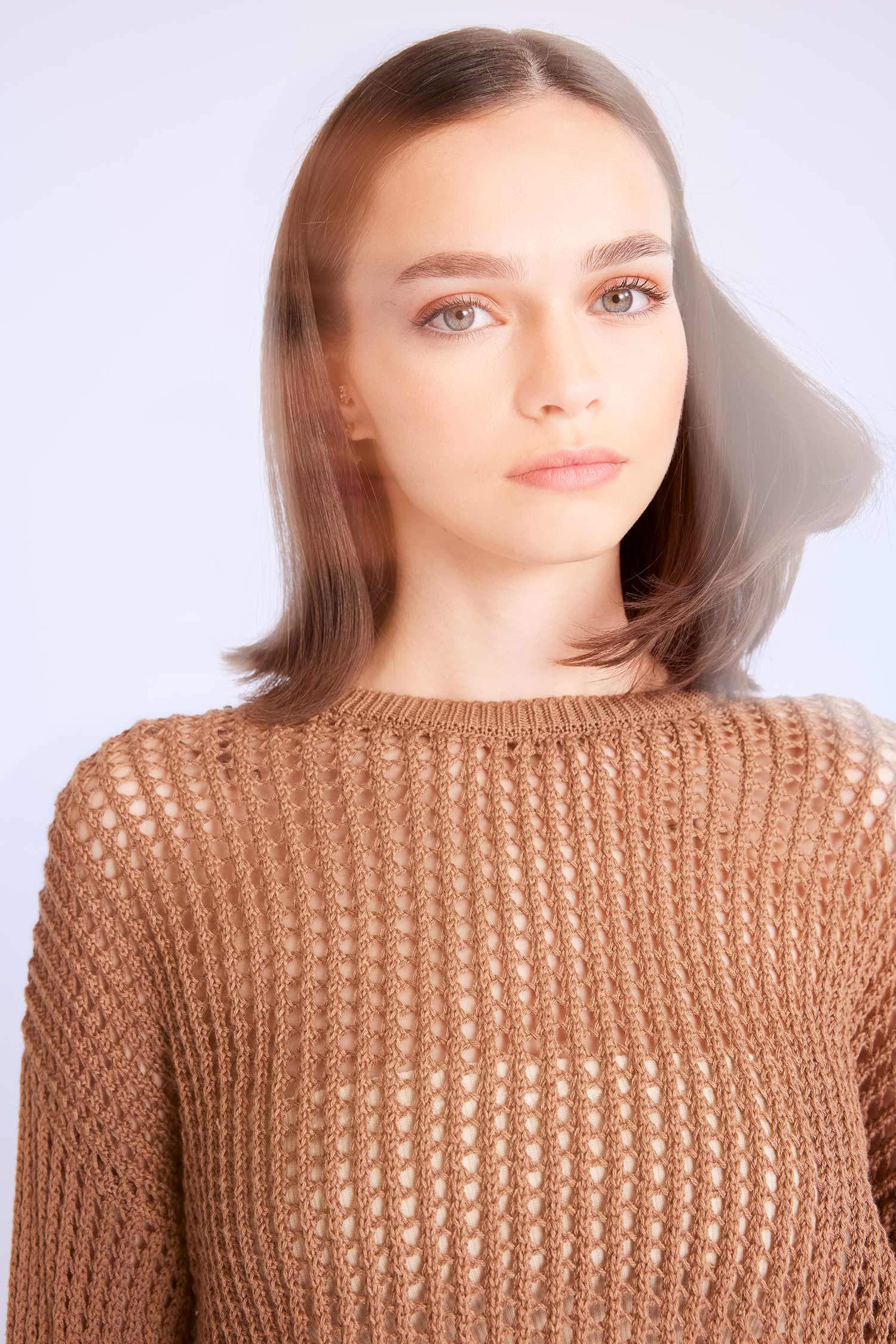 Regular Fit Crew Neck Crochet Openwork Crop Knitted Pullover