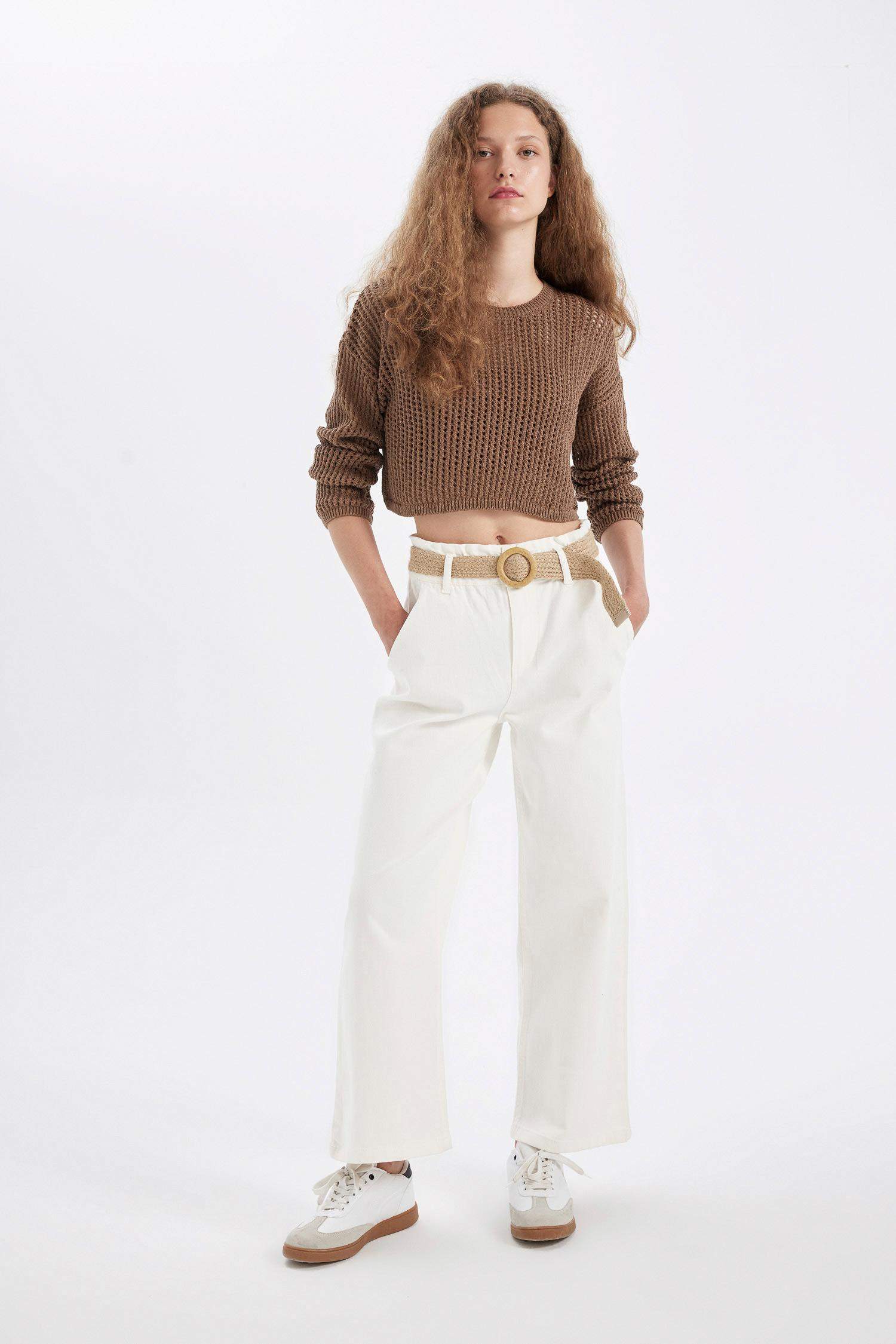 Regular Fit Crew Neck Crochet Openwork Crop Knitted Pullover