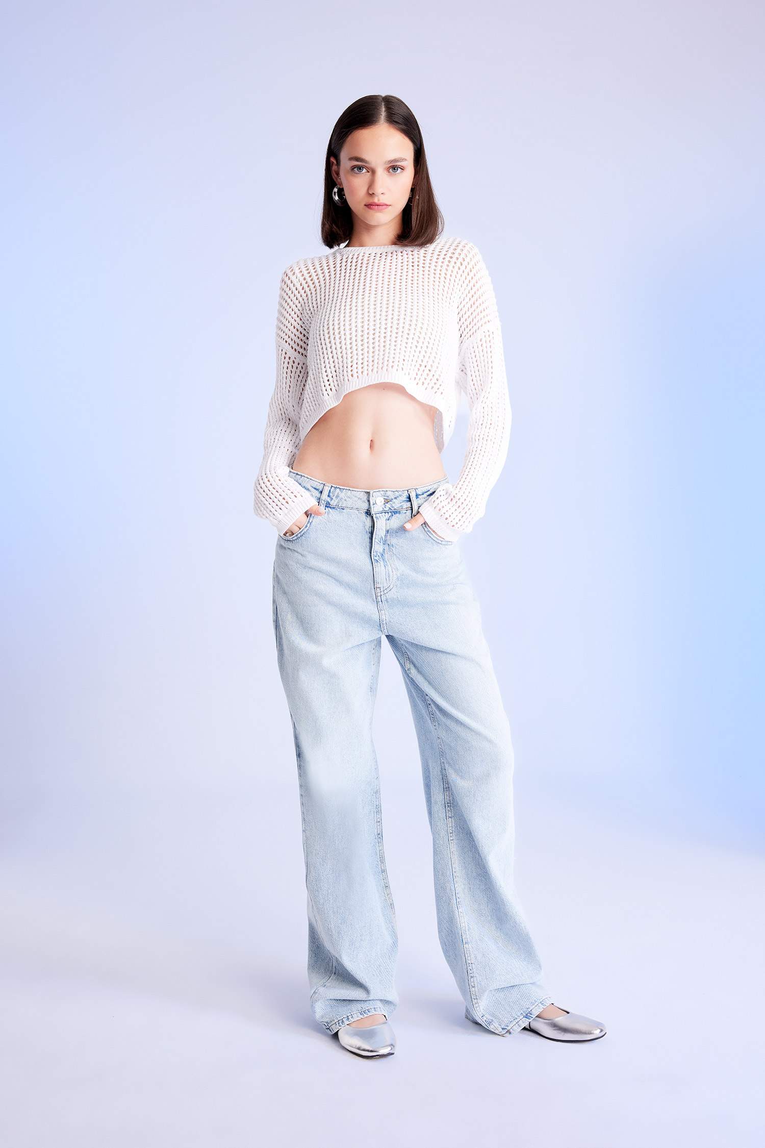 Regular Fit Crew Neck Crochet Openwork Crop Knitted Pullover