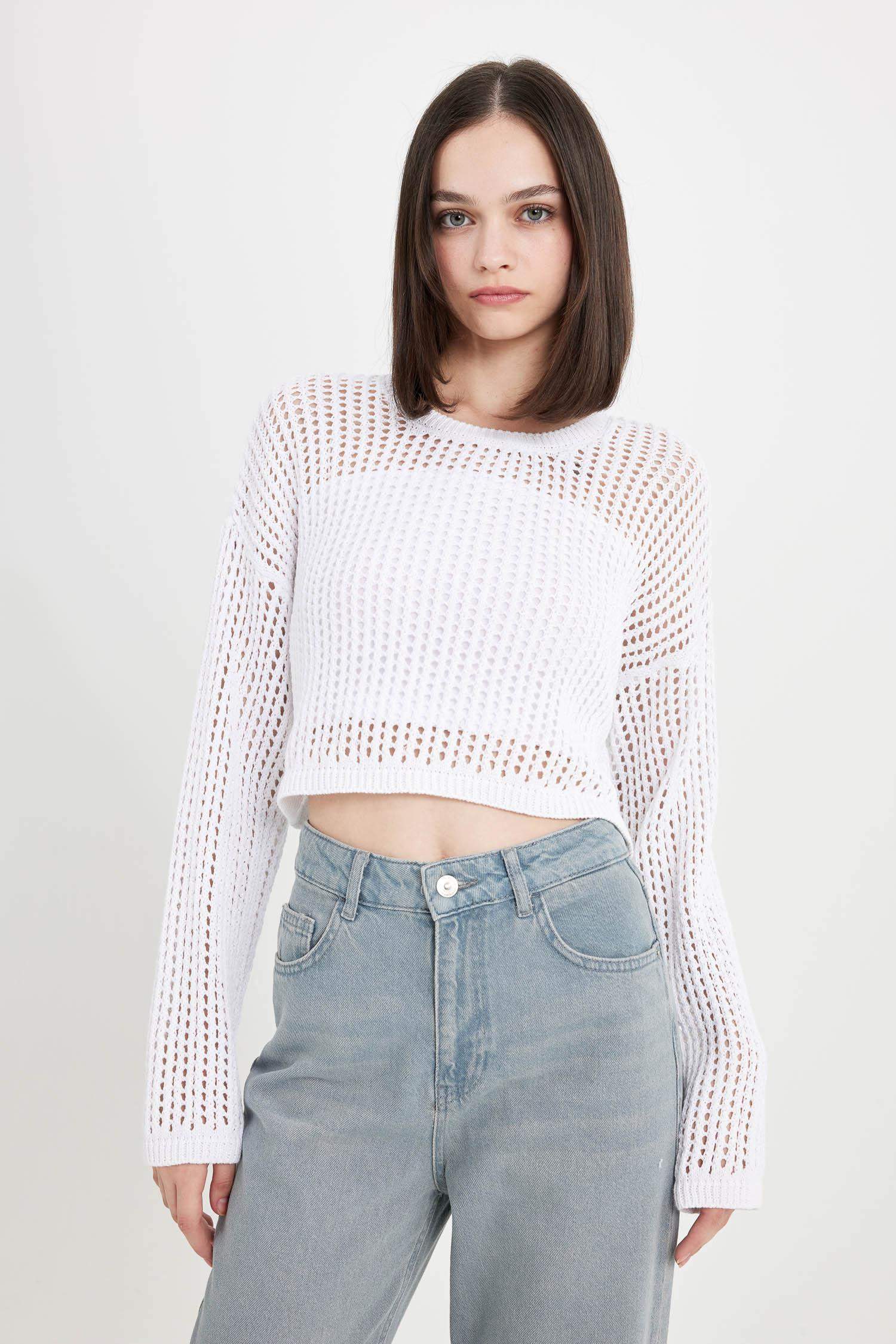 Regular Fit Crew Neck Crochet Openwork Crop Knitted Pullover