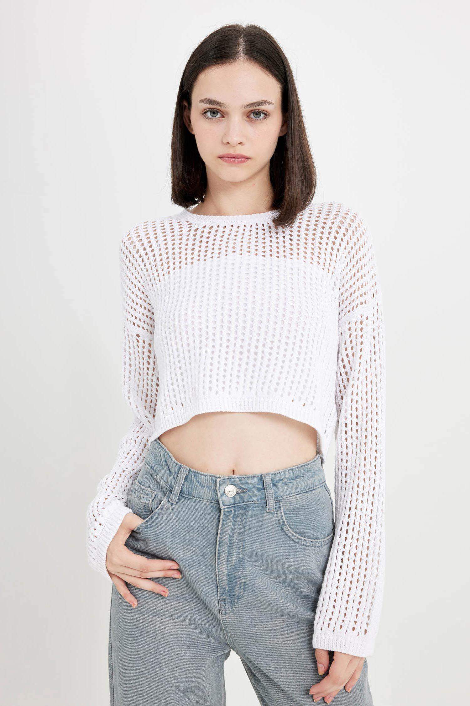 Regular Fit Crew Neck Crochet Openwork Crop Knitted Pullover