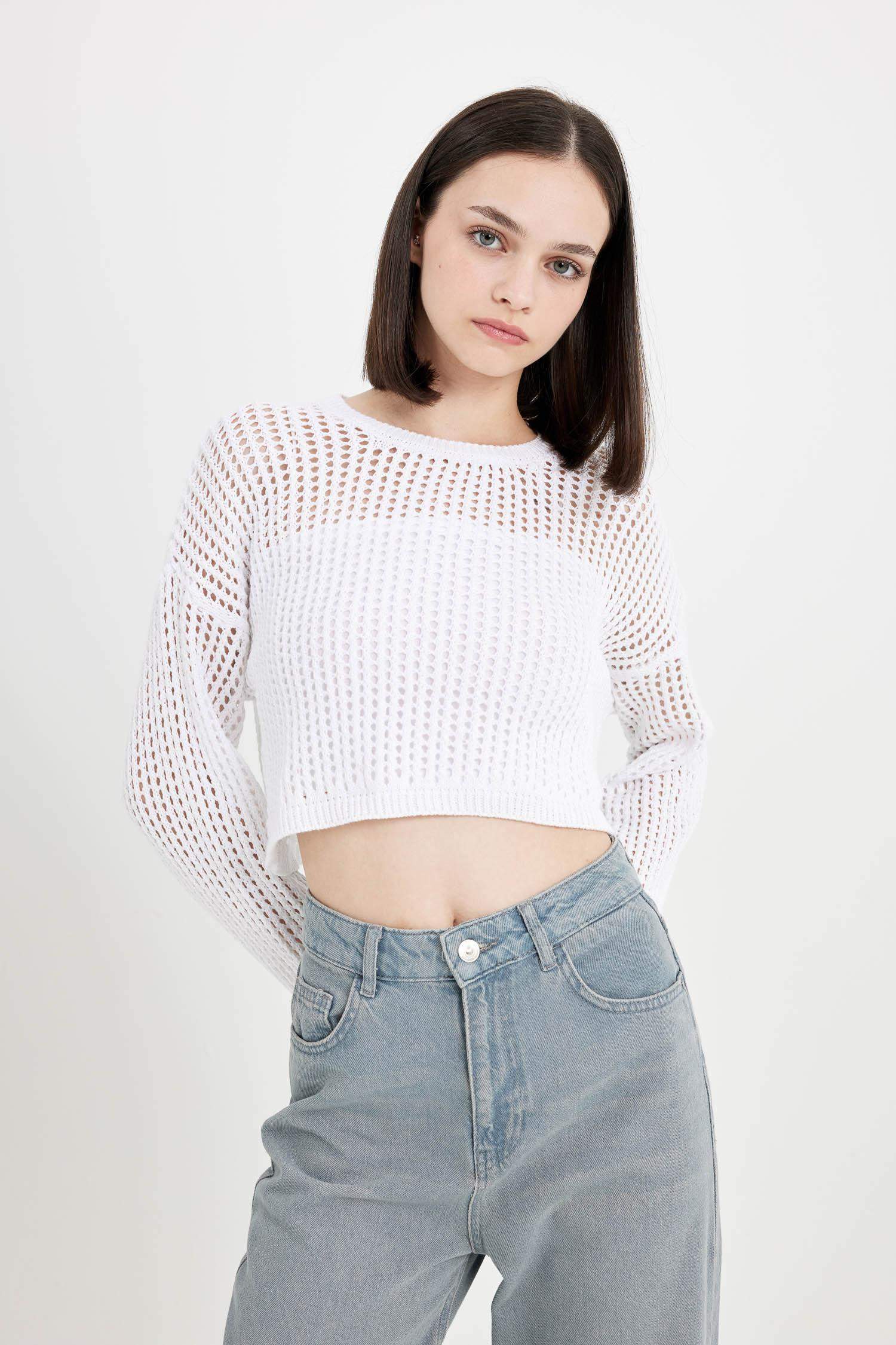 Regular Fit Crew Neck Crochet Openwork Crop Knitted Pullover