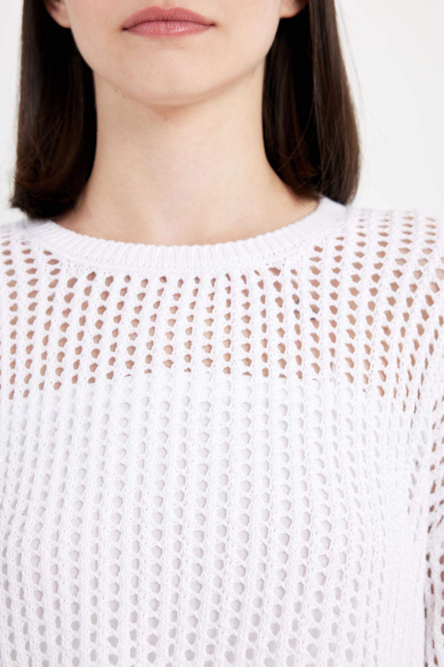 Regular Fit Crew Neck Crochet Openwork Crop Knitted Pullover