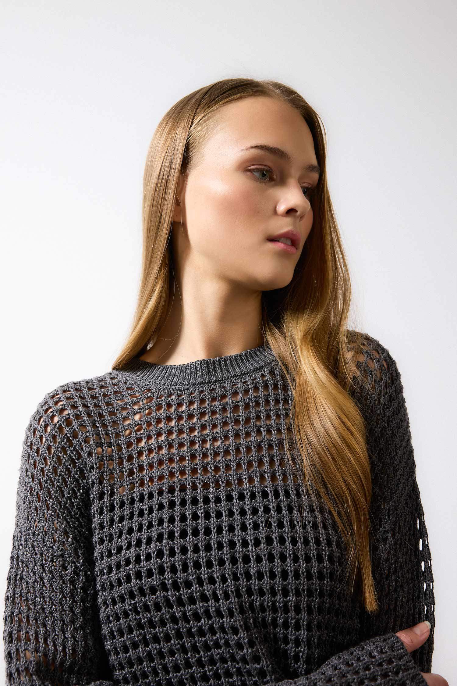 Pull en tricot ajouré à col rond Coupe régulière