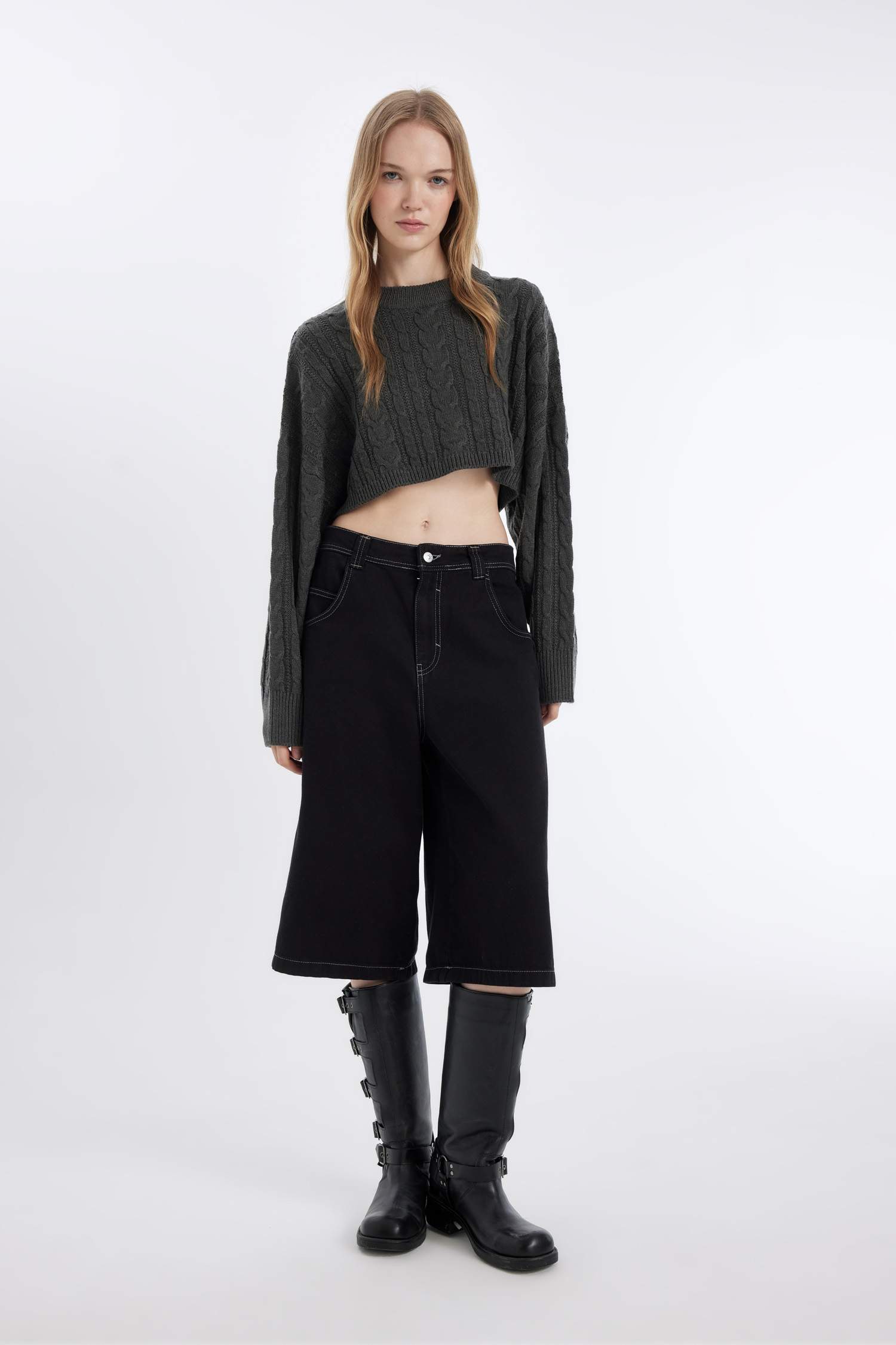 Coool Regular Fit Crop Bisiklet Yaka Saç Örgülü Triko Kazak