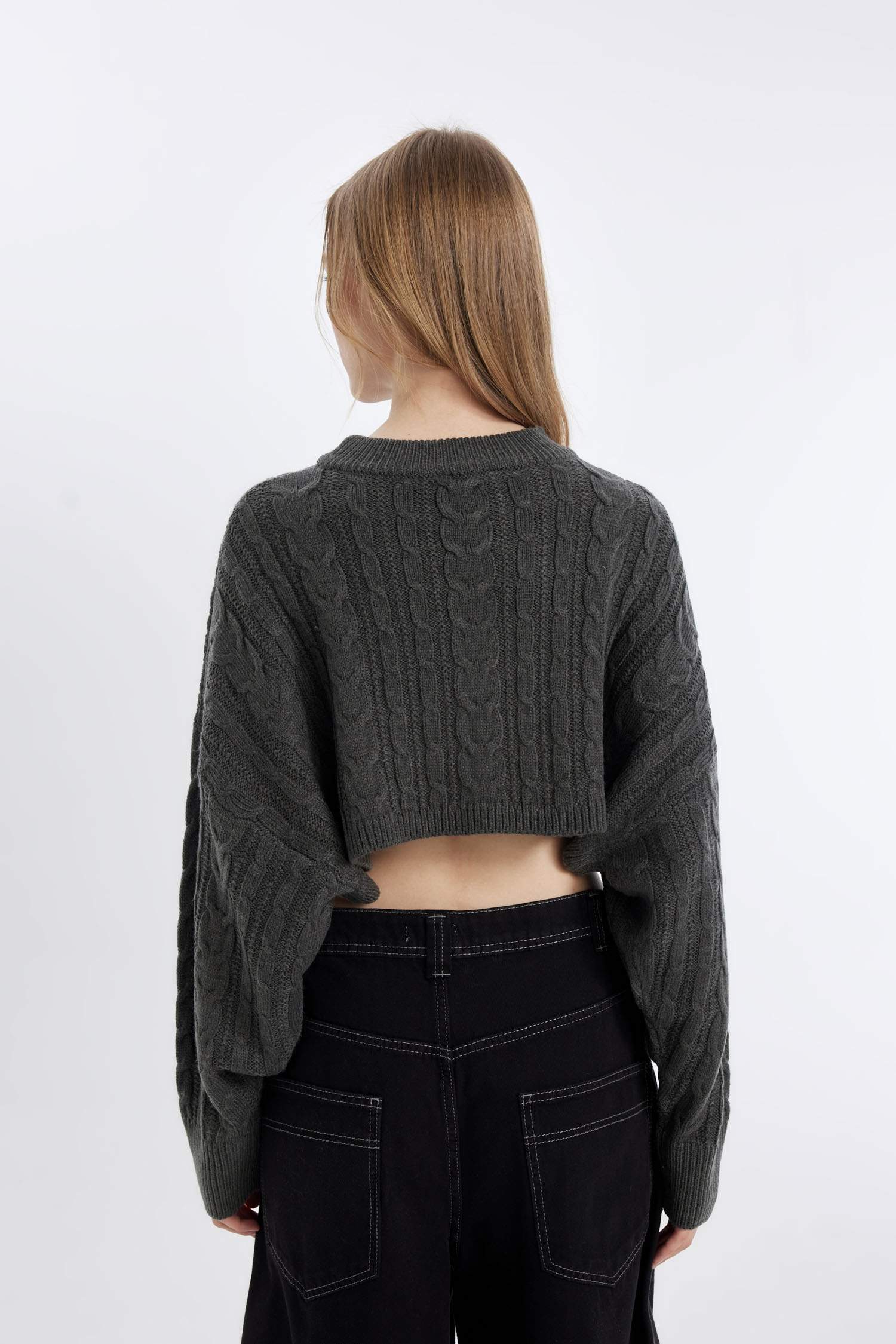 Coool Regular Fit Crop Bisiklet Yaka Saç Örgülü Triko Kazak